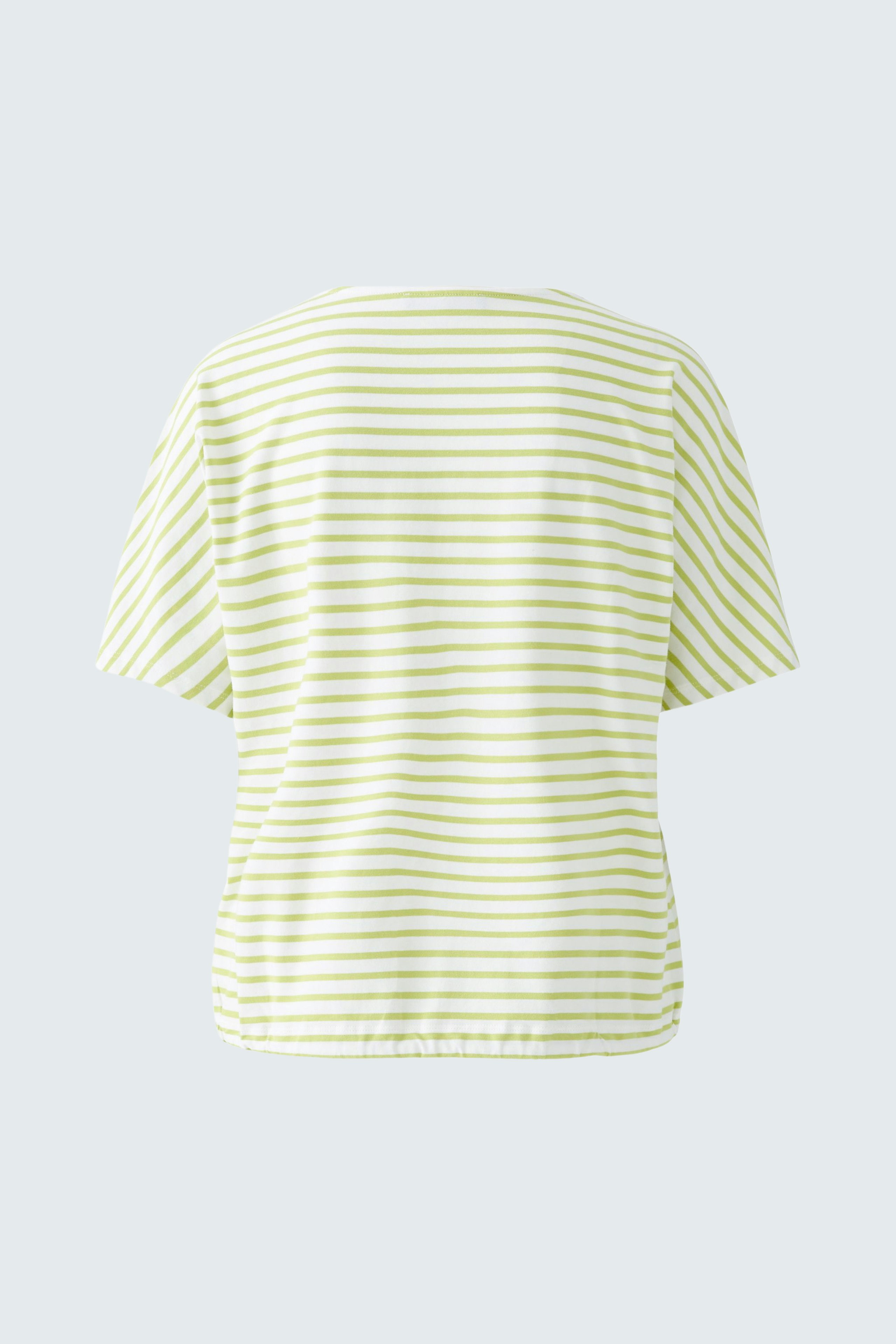 Stylish women's T-shirt: Back view of a striped tee in light green and white, perfect for casual wear.