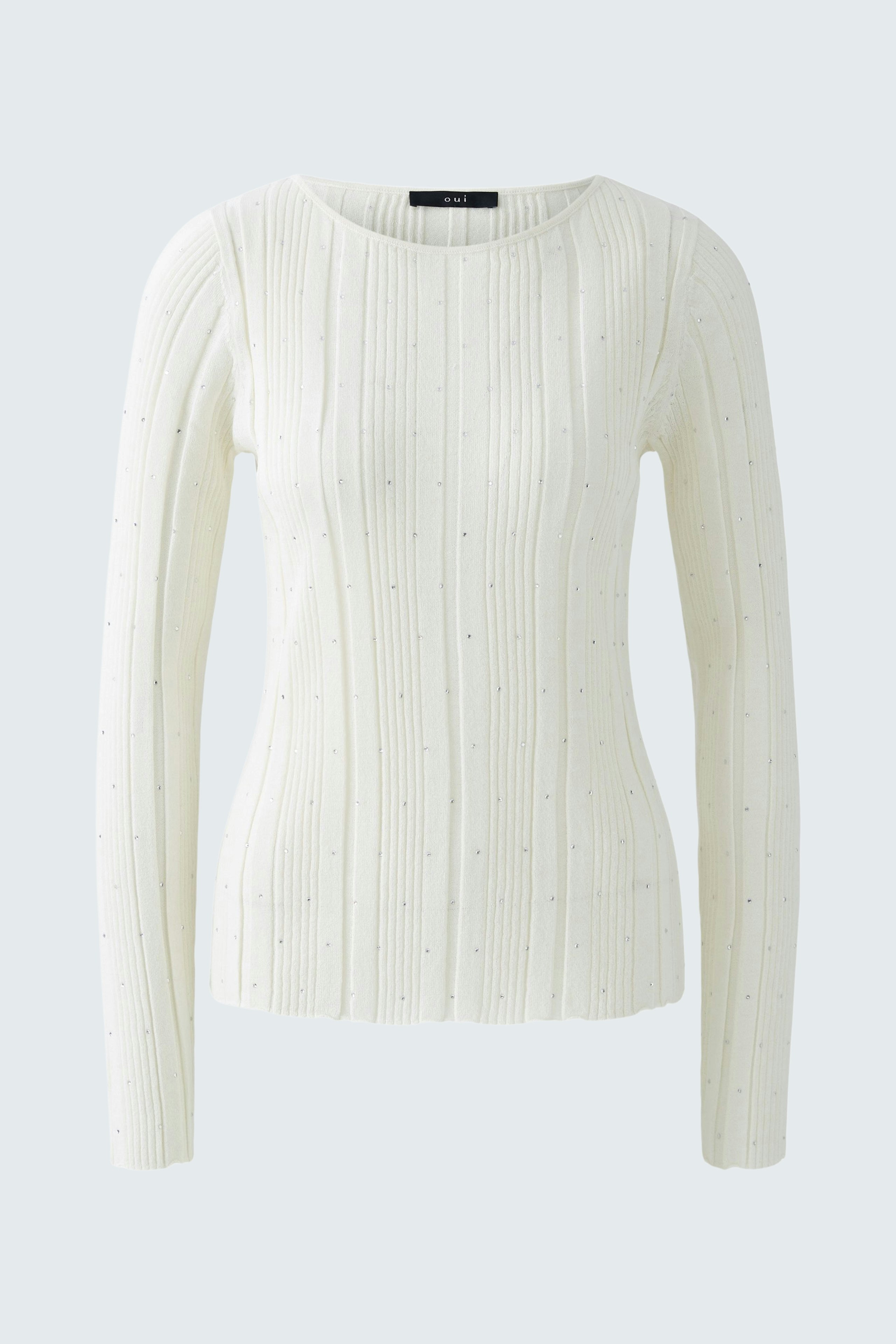 Eleganter Damen-Pullover in Creme mit feinem Rippdesign und langen Ärmeln.