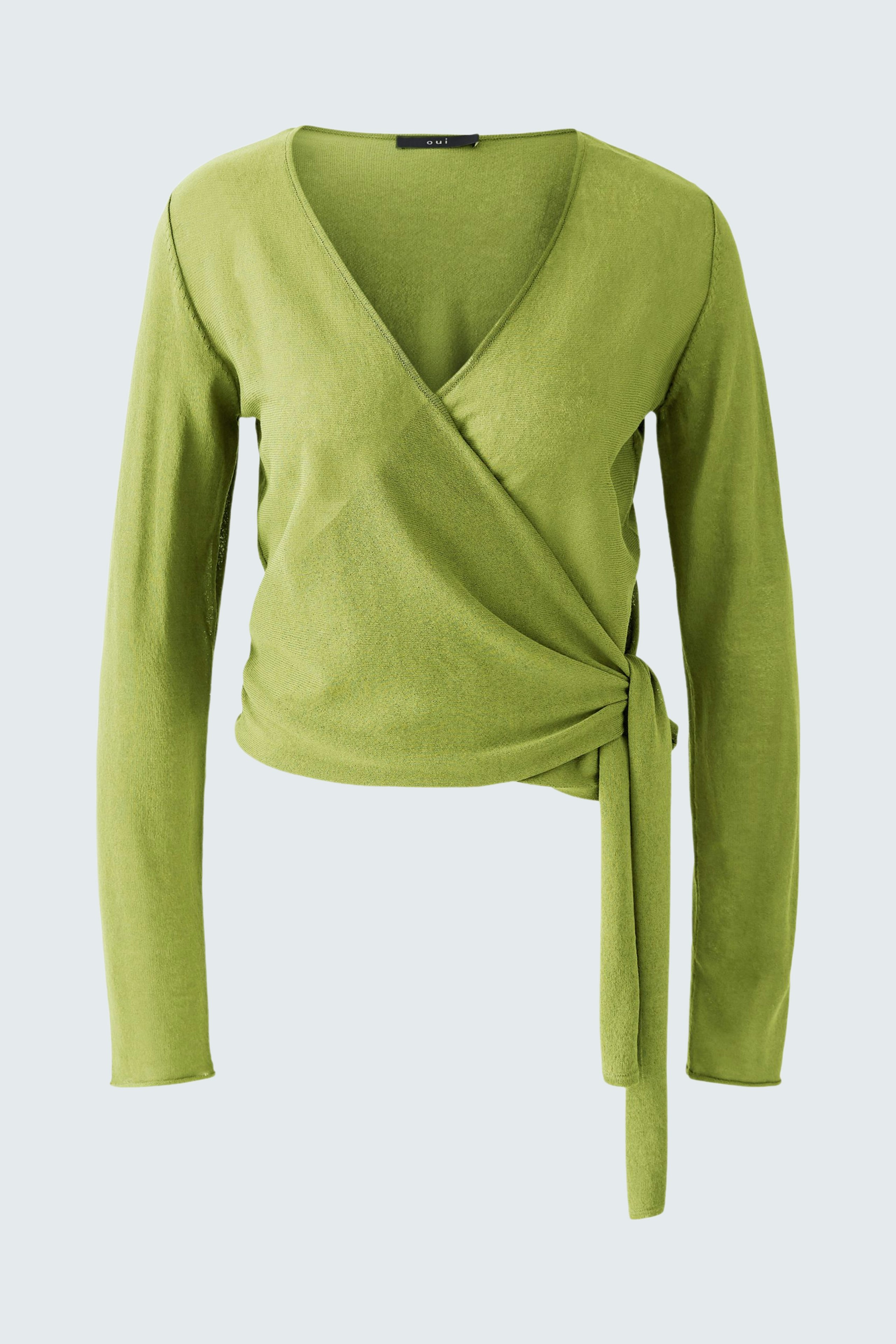 Eleganter Damen-Pullover: Grüner Wickelpullover mit langen Ärmeln und taillierter Passform.