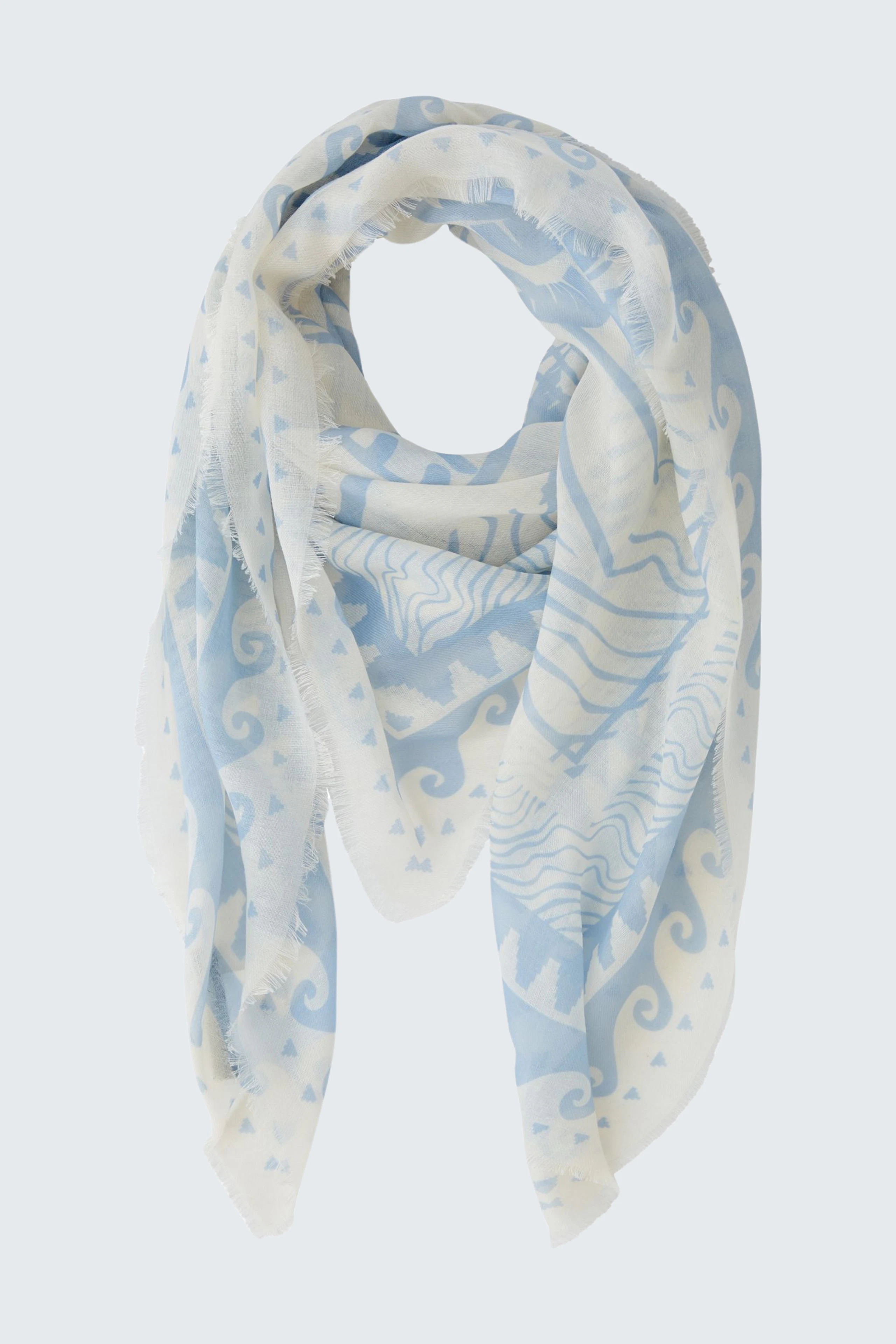 Light blue scarf with elegant patterns, perfect for adding a stylish touch to any outfit.