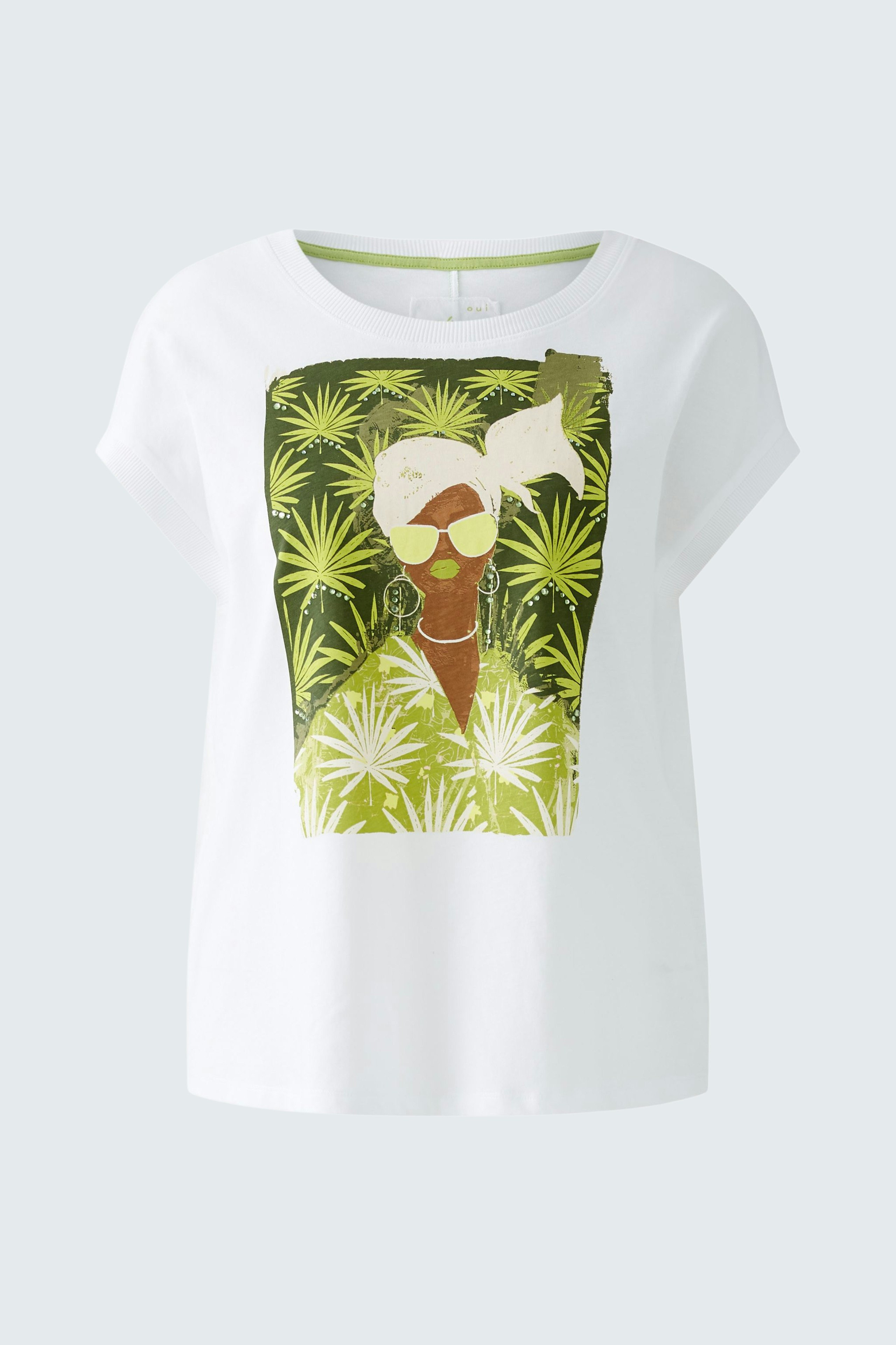 Stylish women's T-shirt: White top with a vibrant graphic print, perfect for casual wear.