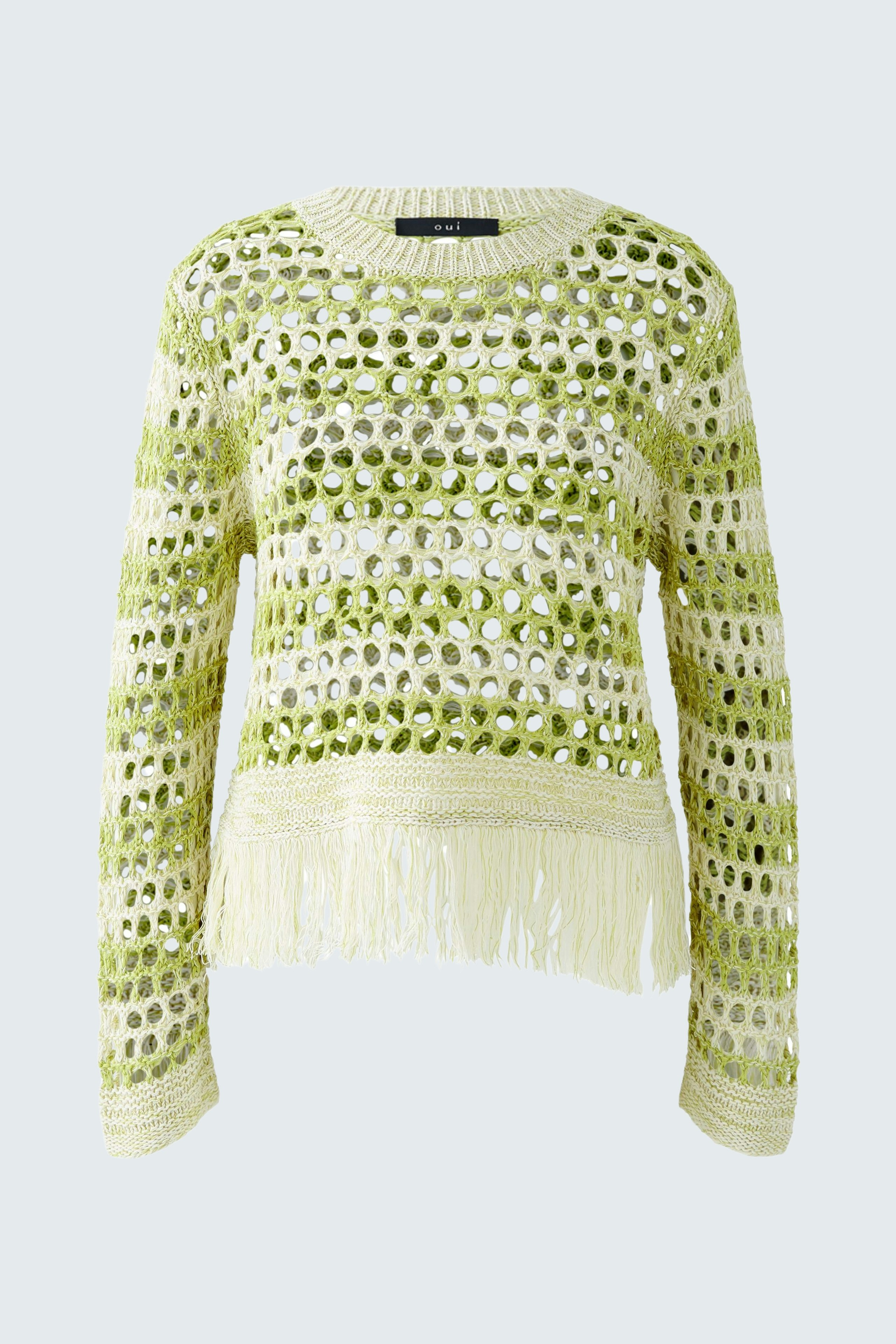 Luftiger Damen-Pullover in hellem Gelb mit Fransen und Lochmuster, ideal für den Sommer.