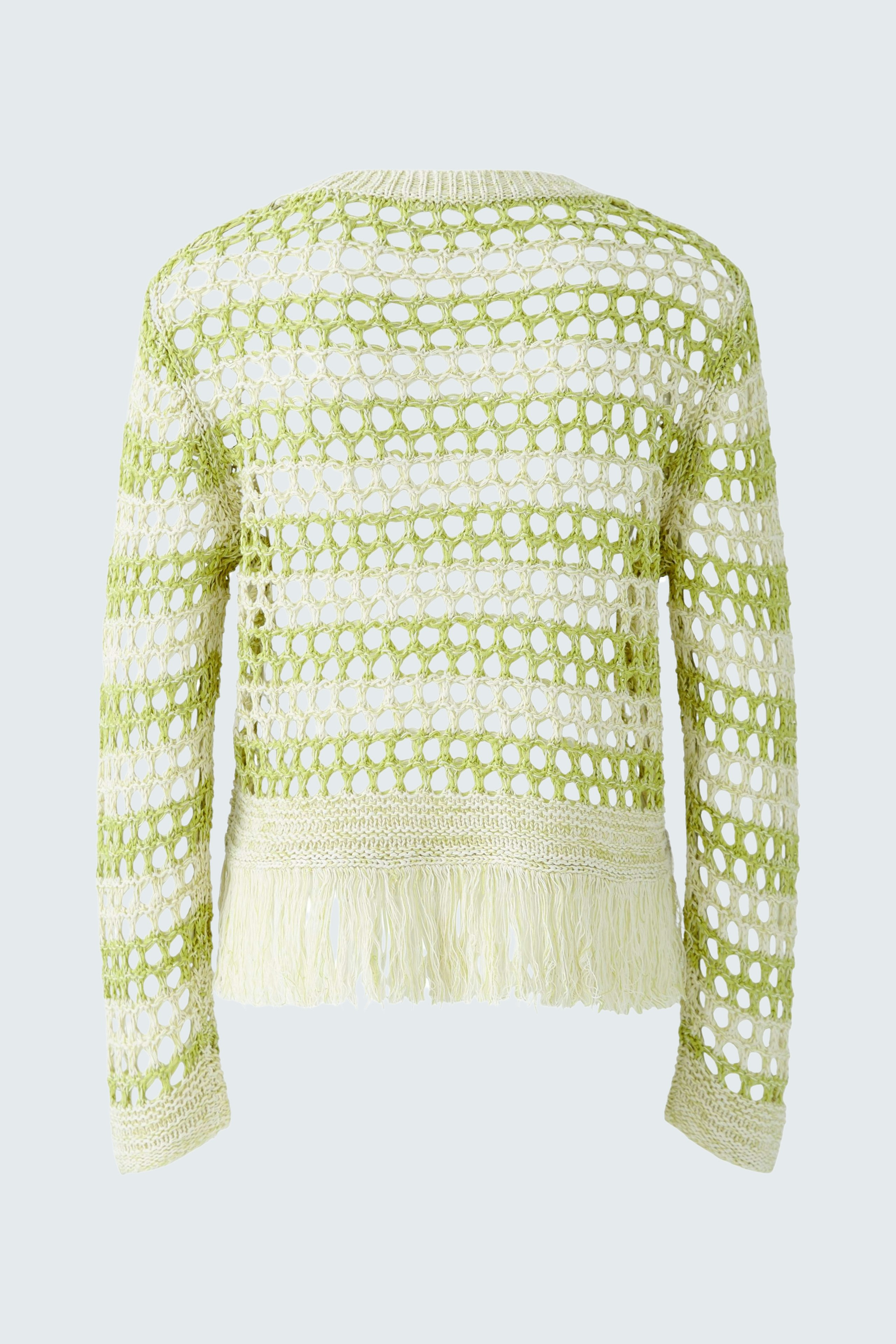 Heller Damen-Pullover mit Lochmuster und Fransen am Saum, ideal für lässige Outfits.