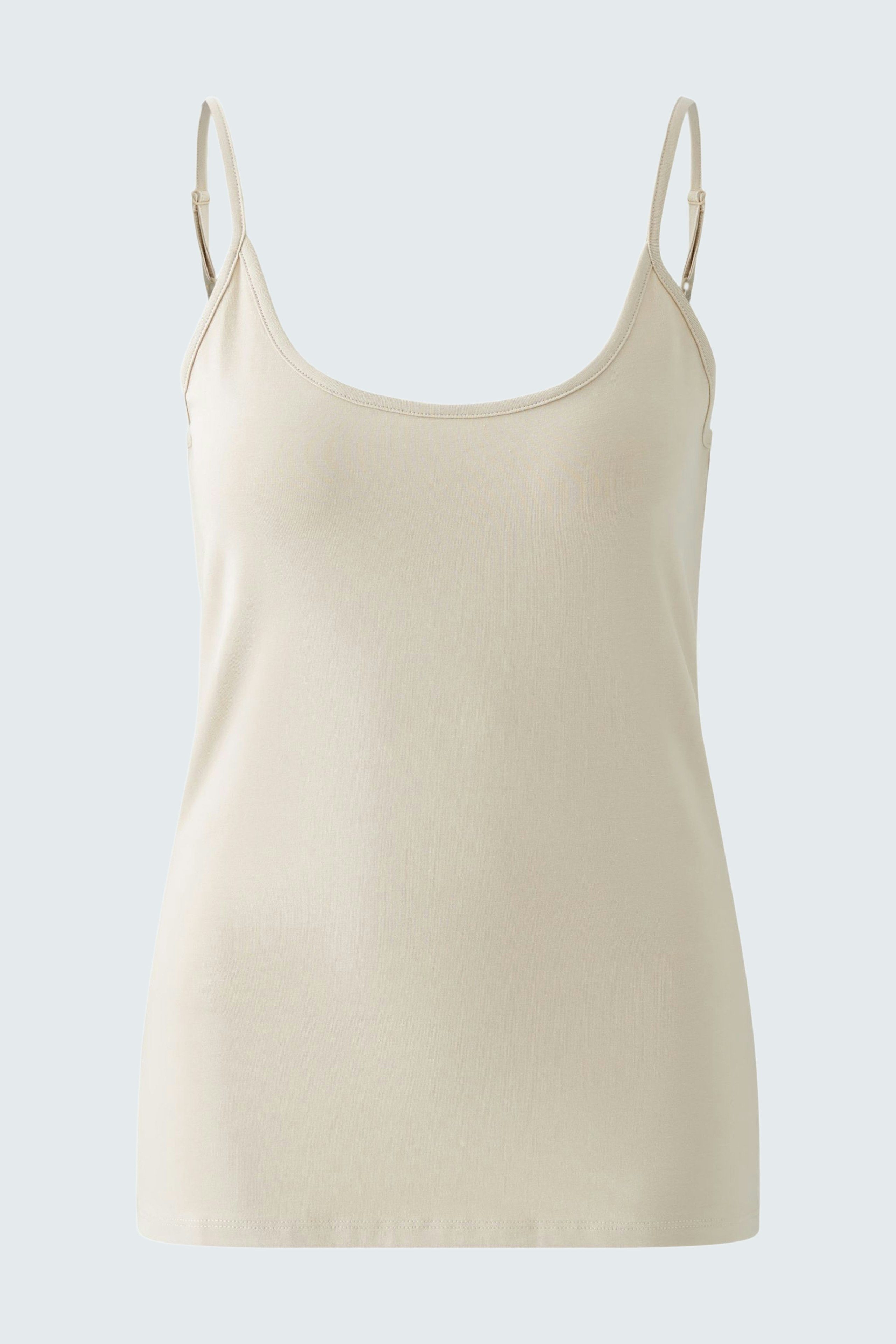 Beige Damen-Top: Schlichte, ärmellose Bluse mit feinen Trägern für einen eleganten Look.