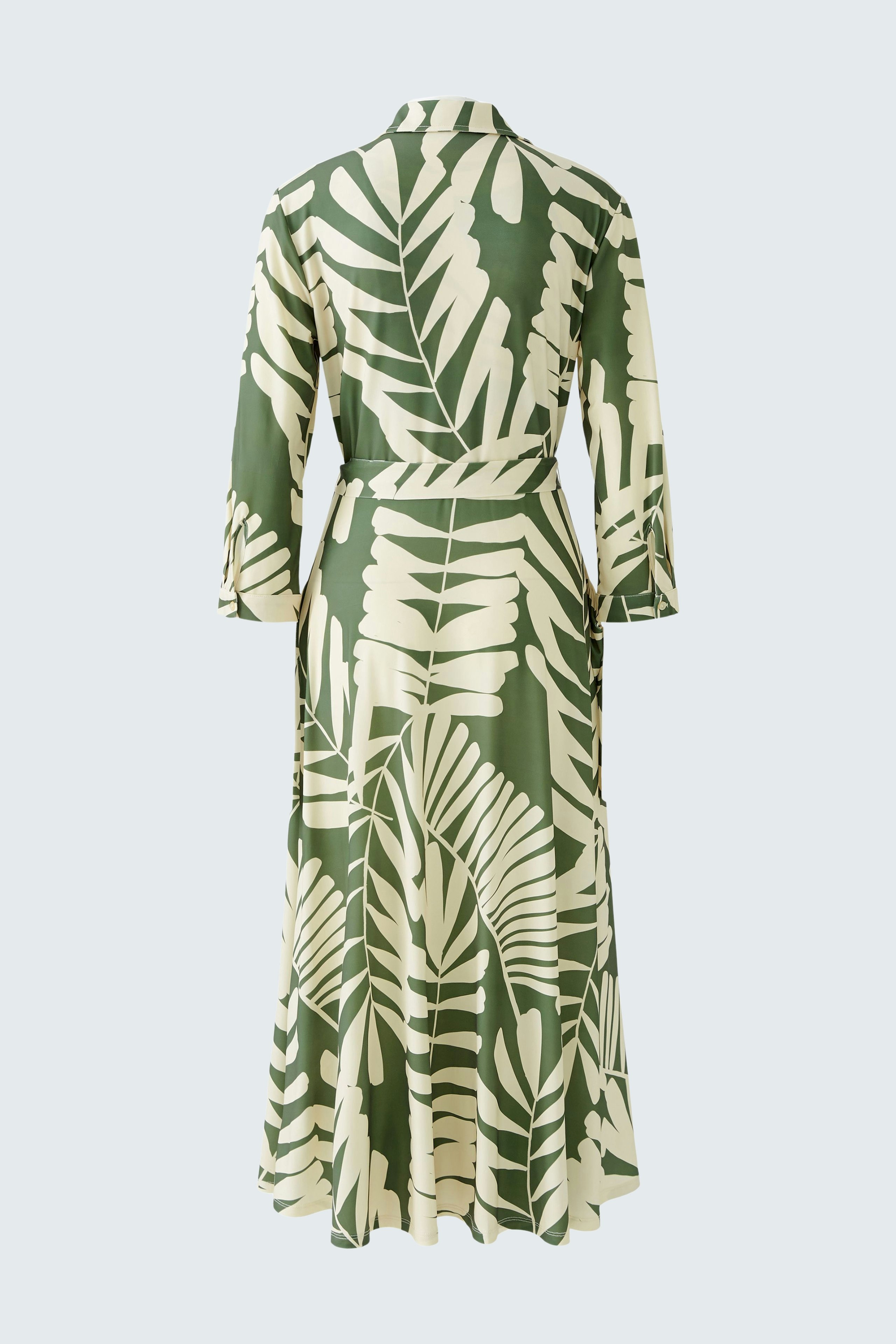 Hemdblusenkleid: Elegantes, langärmliges Kleid mit grünem Blattmuster, ideal für den Sommer.