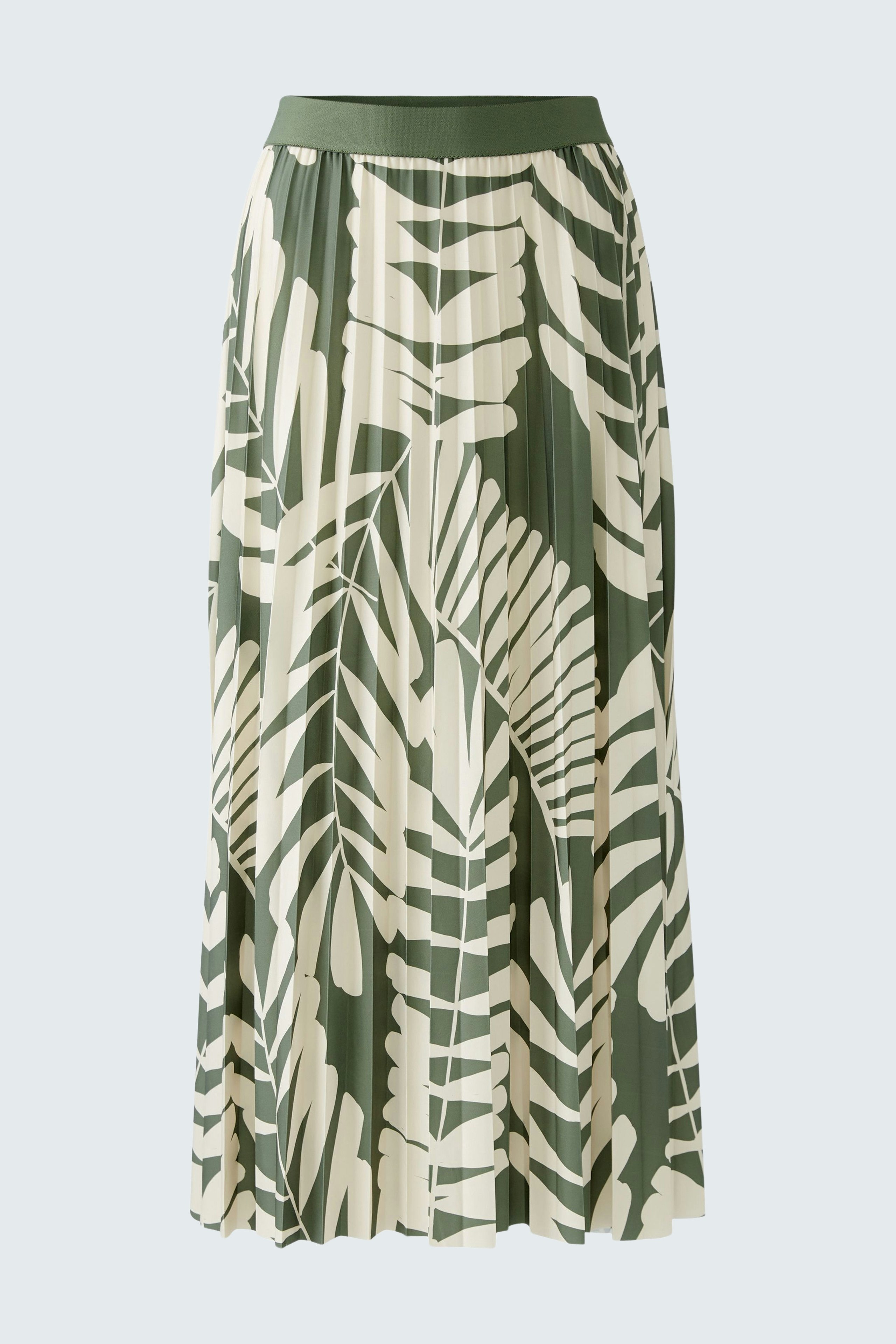 Eleganter Plisseerock mit grünem Blattmuster, ideal für stilvolle Anlässe.