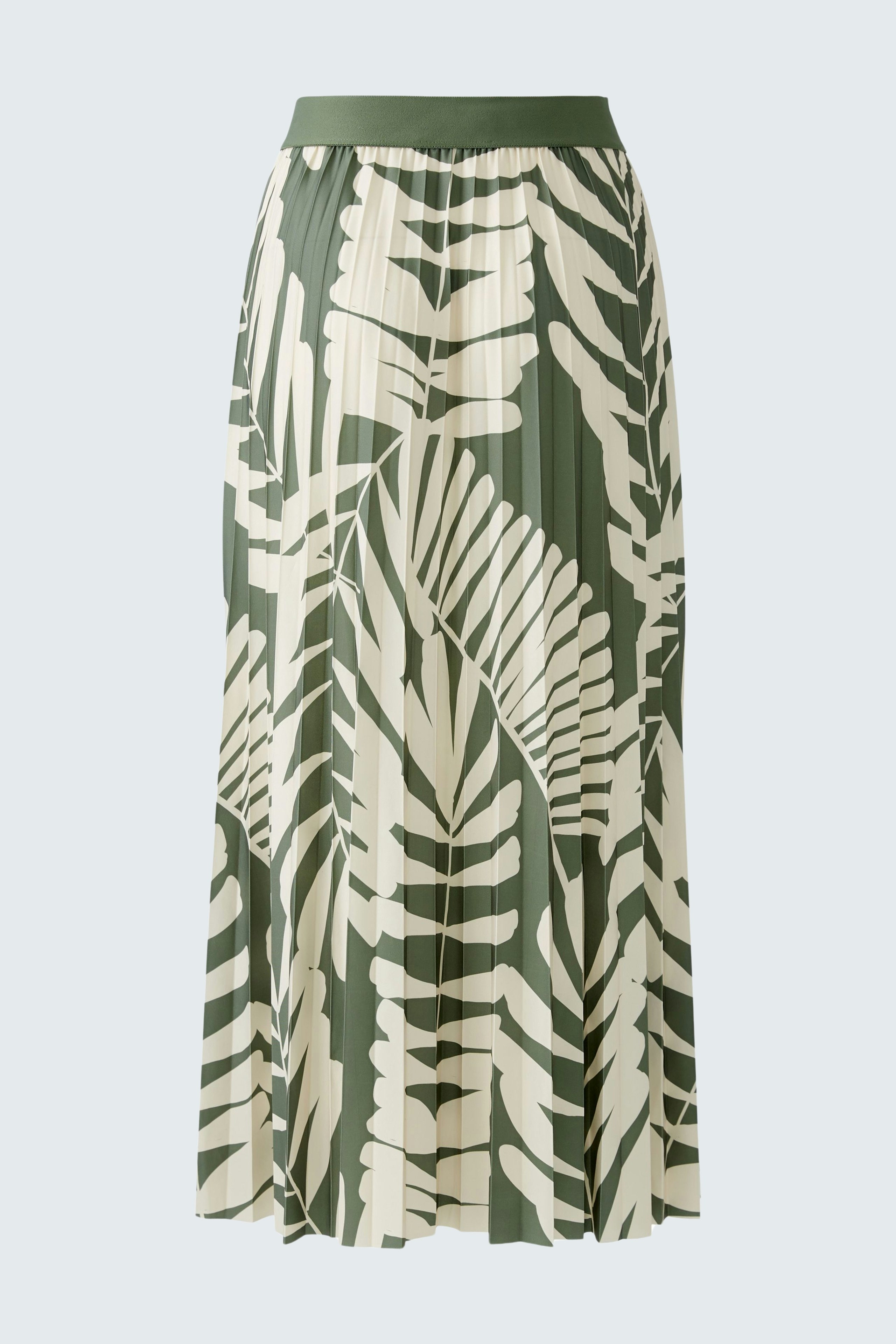 Eleganter Plisseerock mit grün-weißer Blattmusterung, ideal für stilvolle Anlässe.