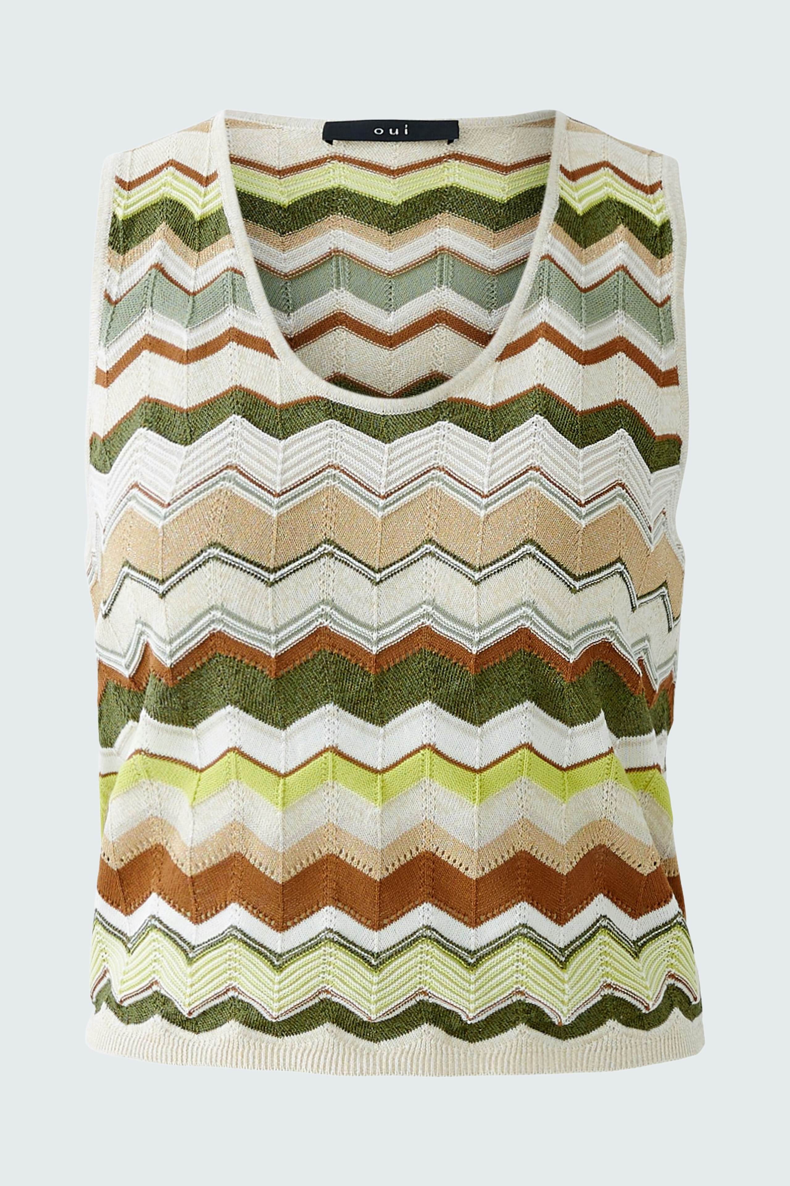 Stylisches Damen-Top: Gemustertes ärmelloses Oberteil in sanften Erdtönen und frischen Farben.