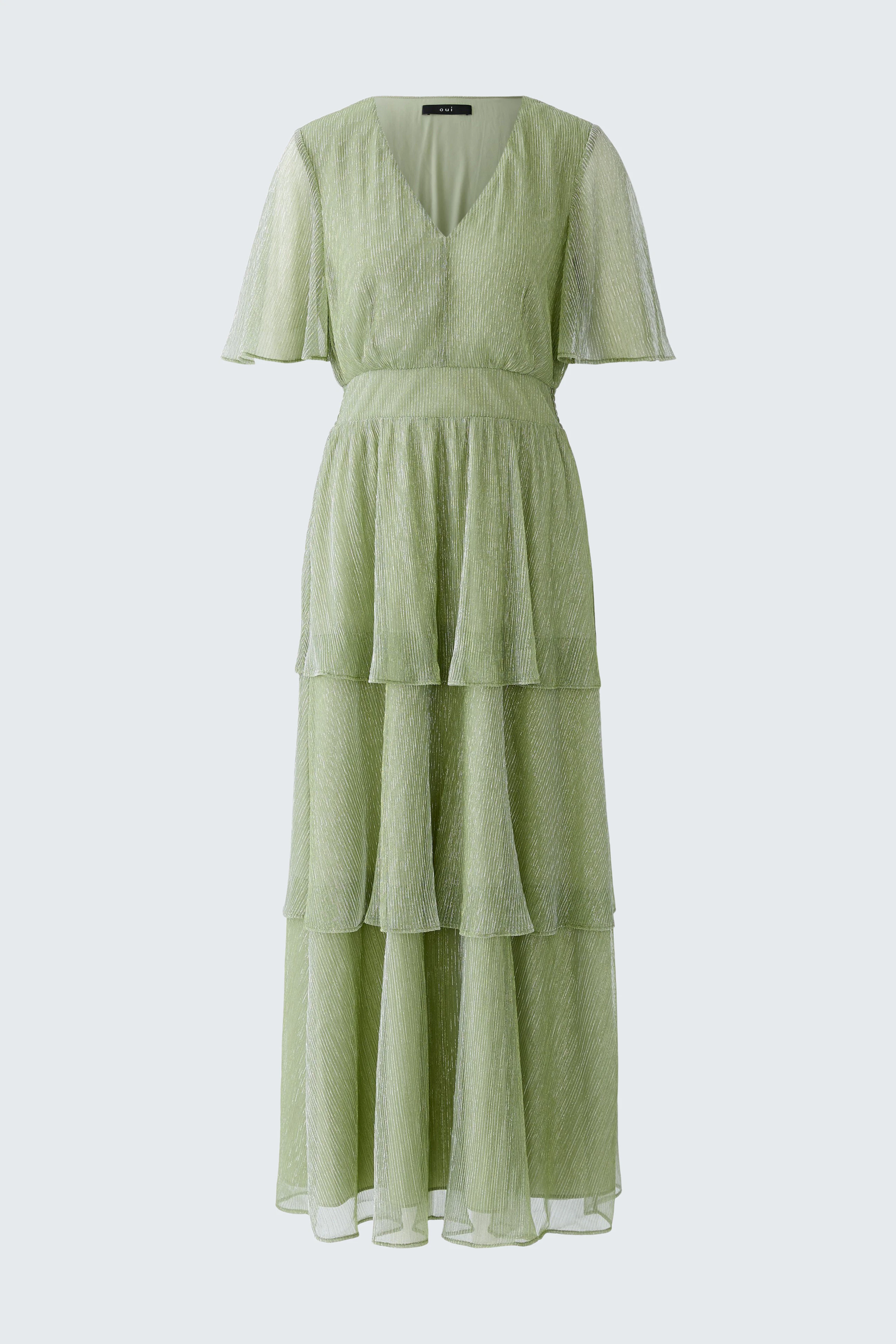 Light green maxi dress with tiered layers and short sleeves, designed for women.