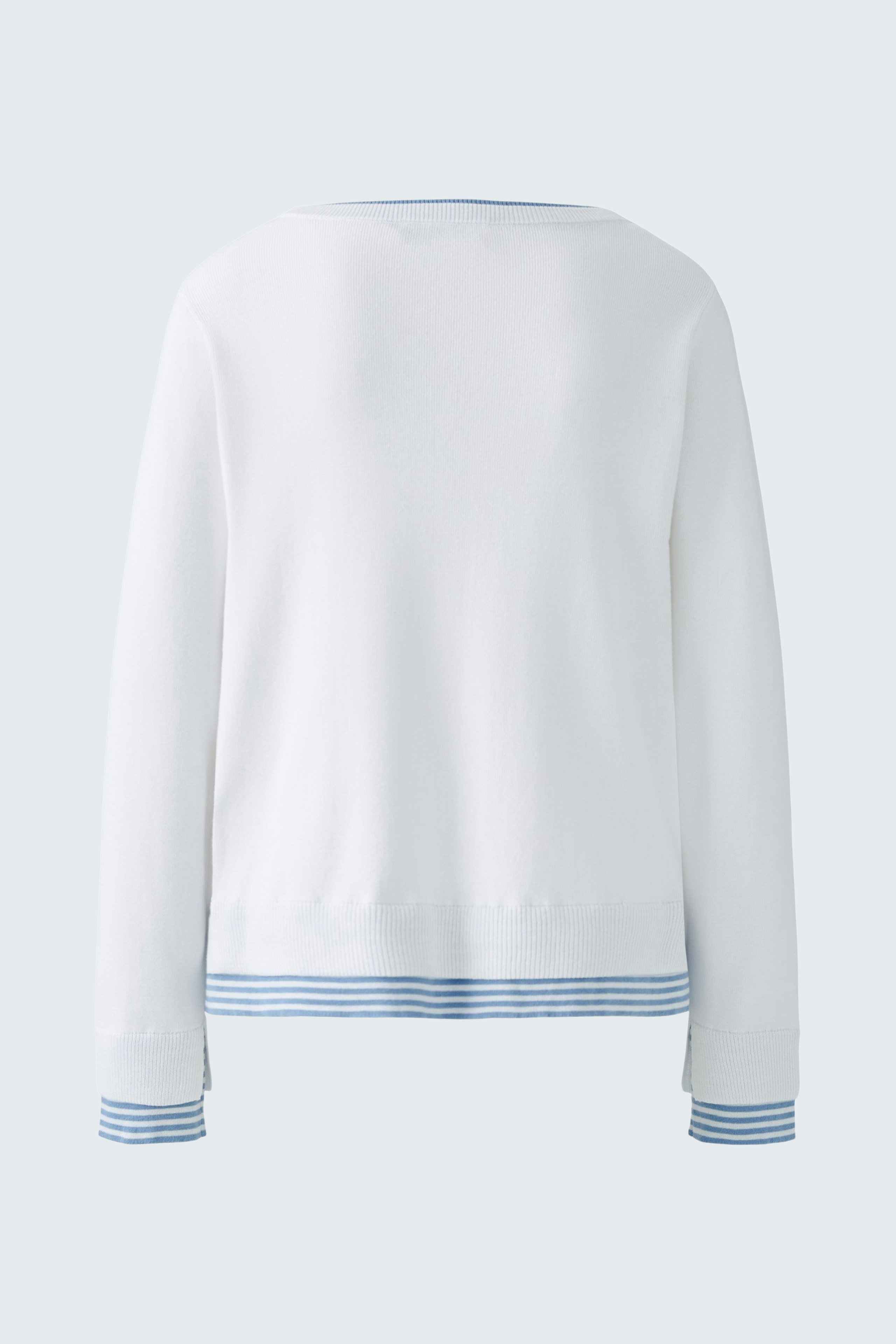 Stylish women's pullover in white with blue stripes at the hem and cuffs, perfect for casual wear.
