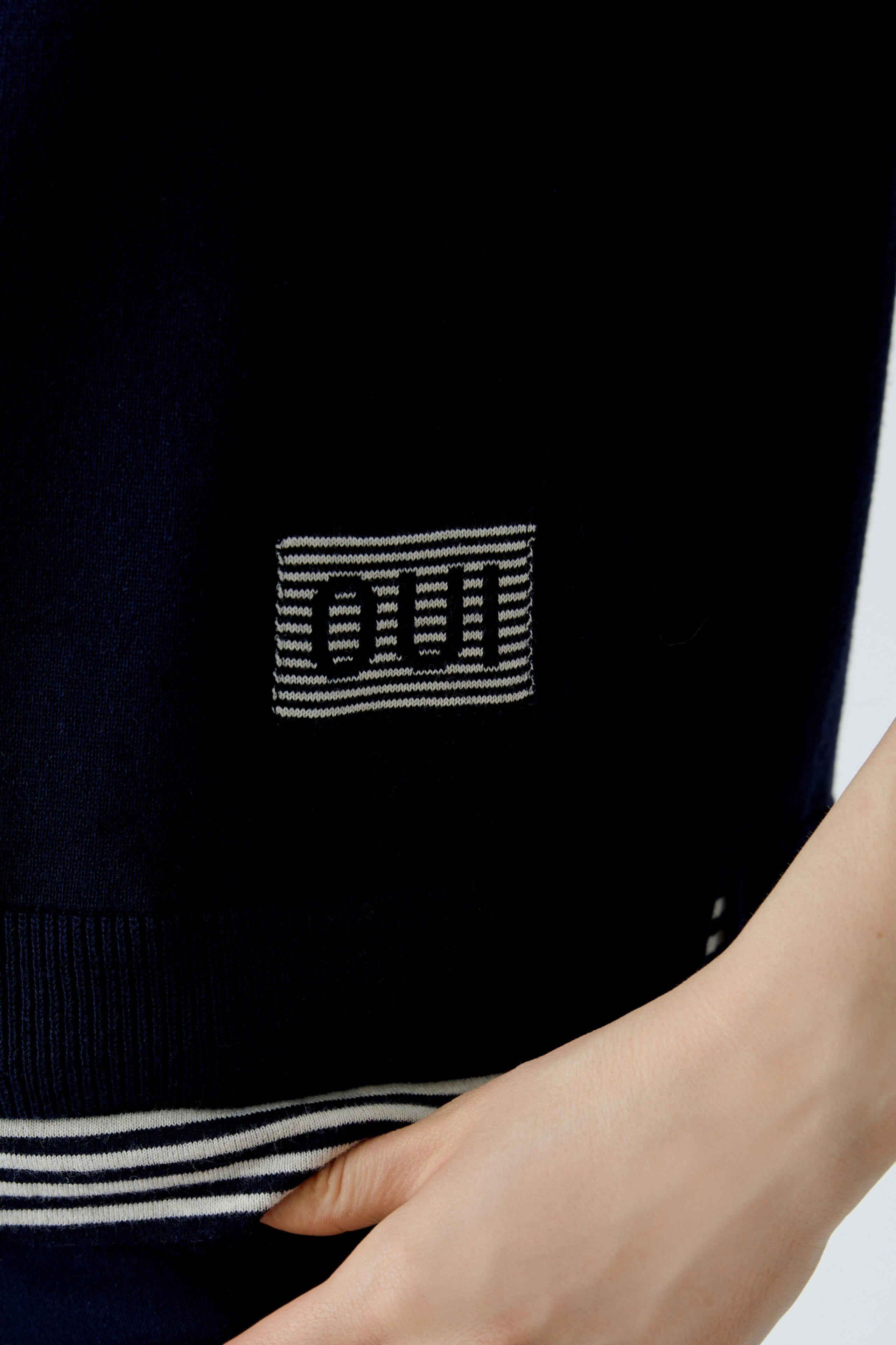 Damen-Pullover: Junge Frau in navyblauem Pullover mit gestreiften Ärmeln und Logo-Detail.