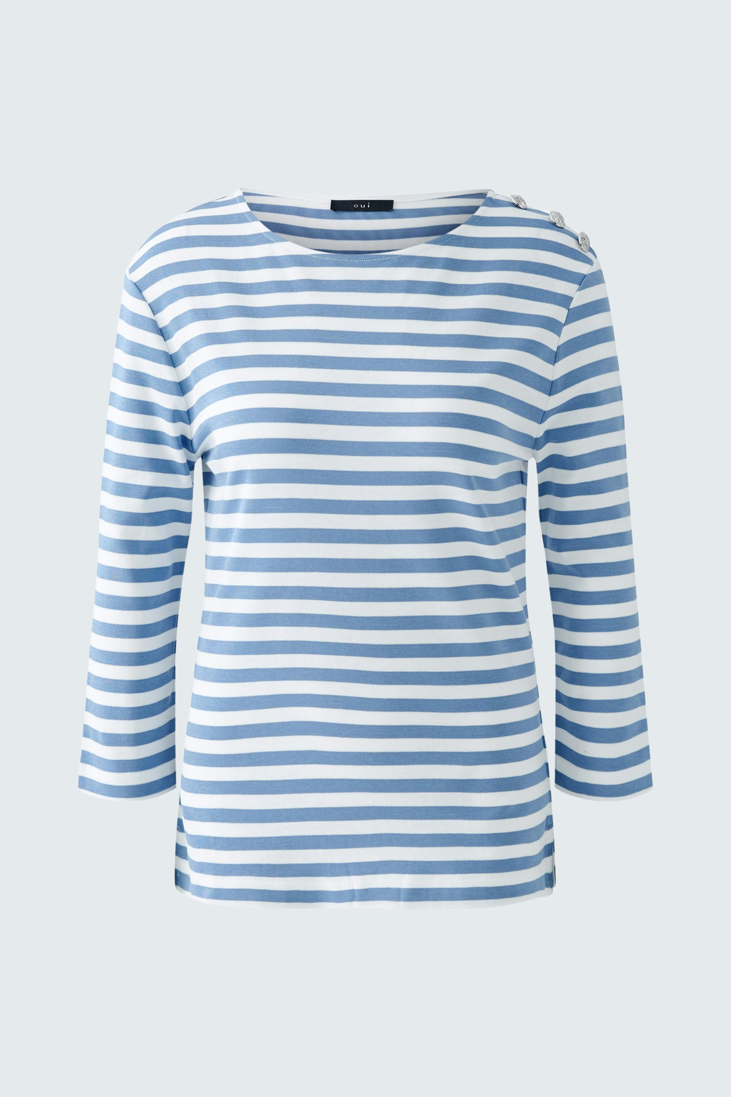 Stylish women's long-sleeve shirt in blue and white stripes, perfect for casual wear.