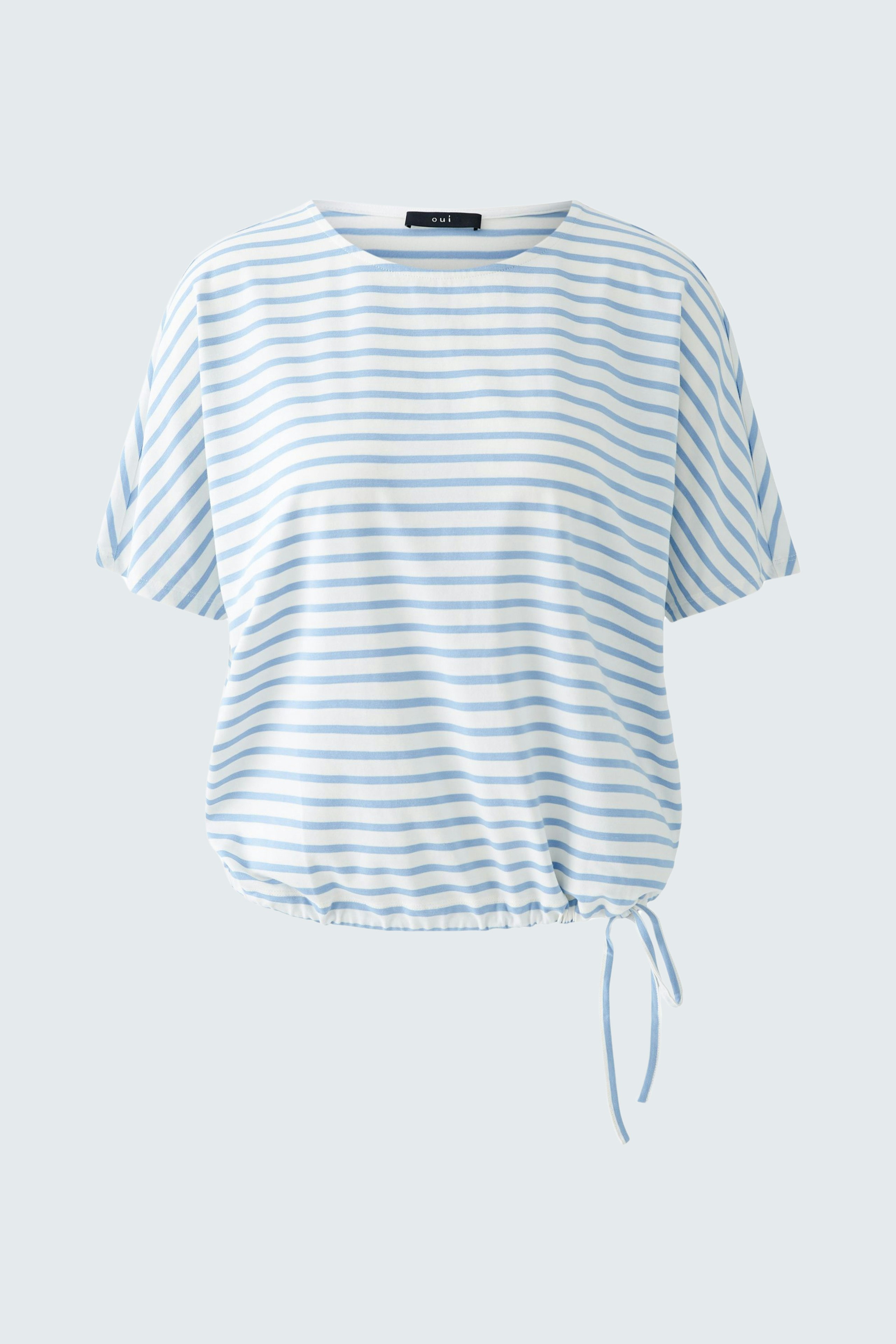 Casual women's T-shirt: Light blue striped top with a relaxed fit and adjustable tie at the waist.