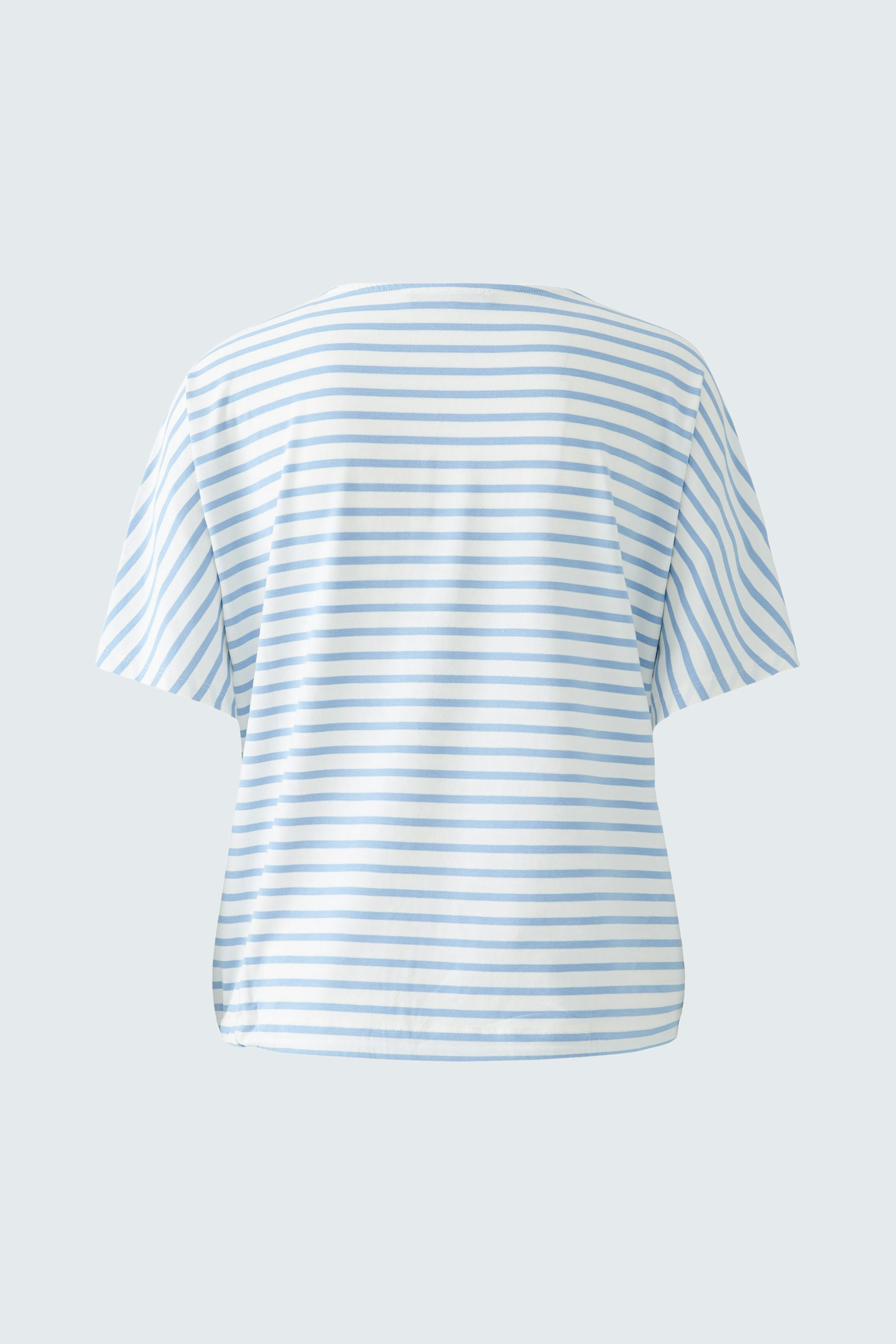 Casual women's T-shirt: Back view of a blue and white striped top with a relaxed fit.