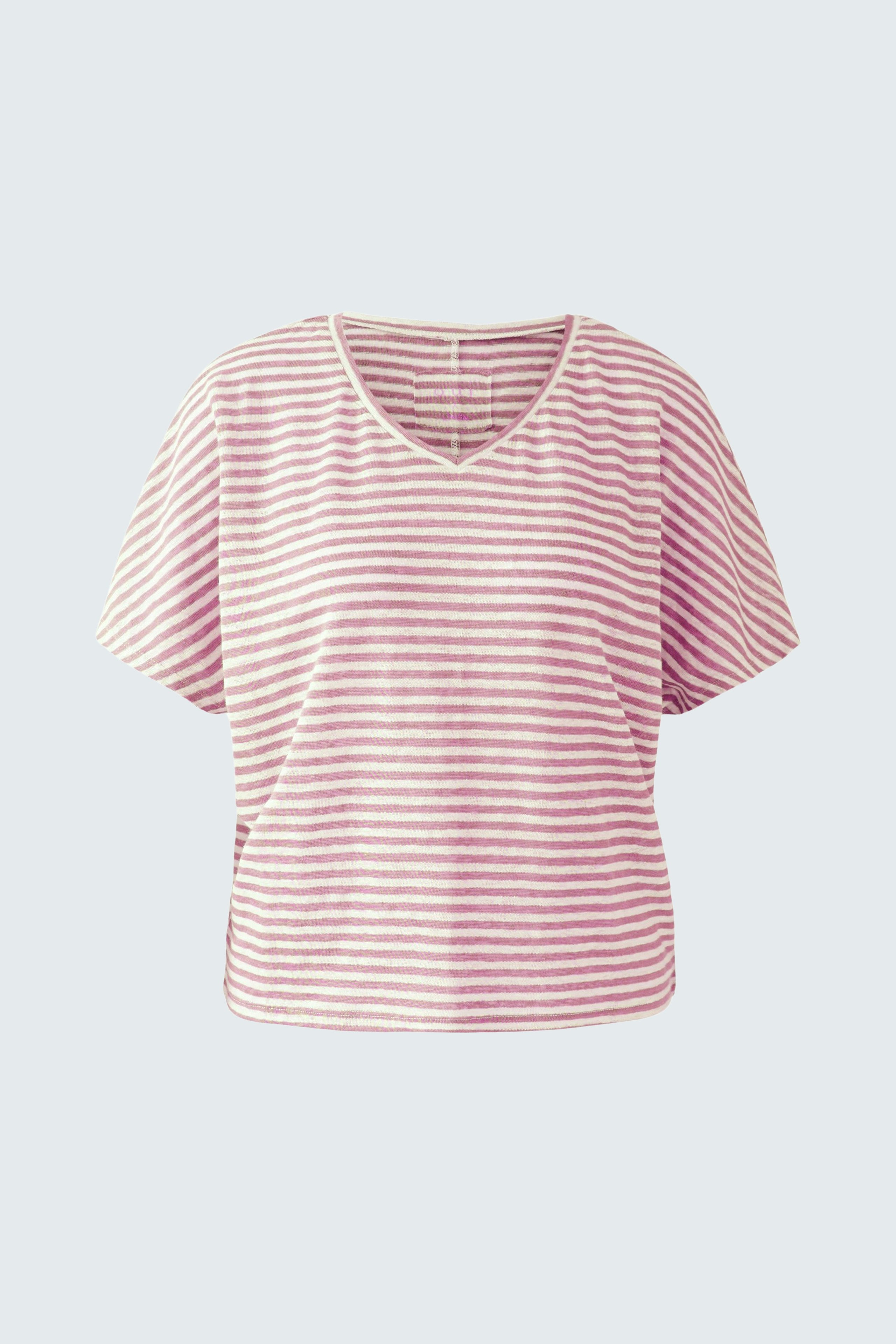 Bequemes Damen-T-Shirt: Rosa gestreiftes Shirt mit V-Ausschnitt und lässigem Schnitt.