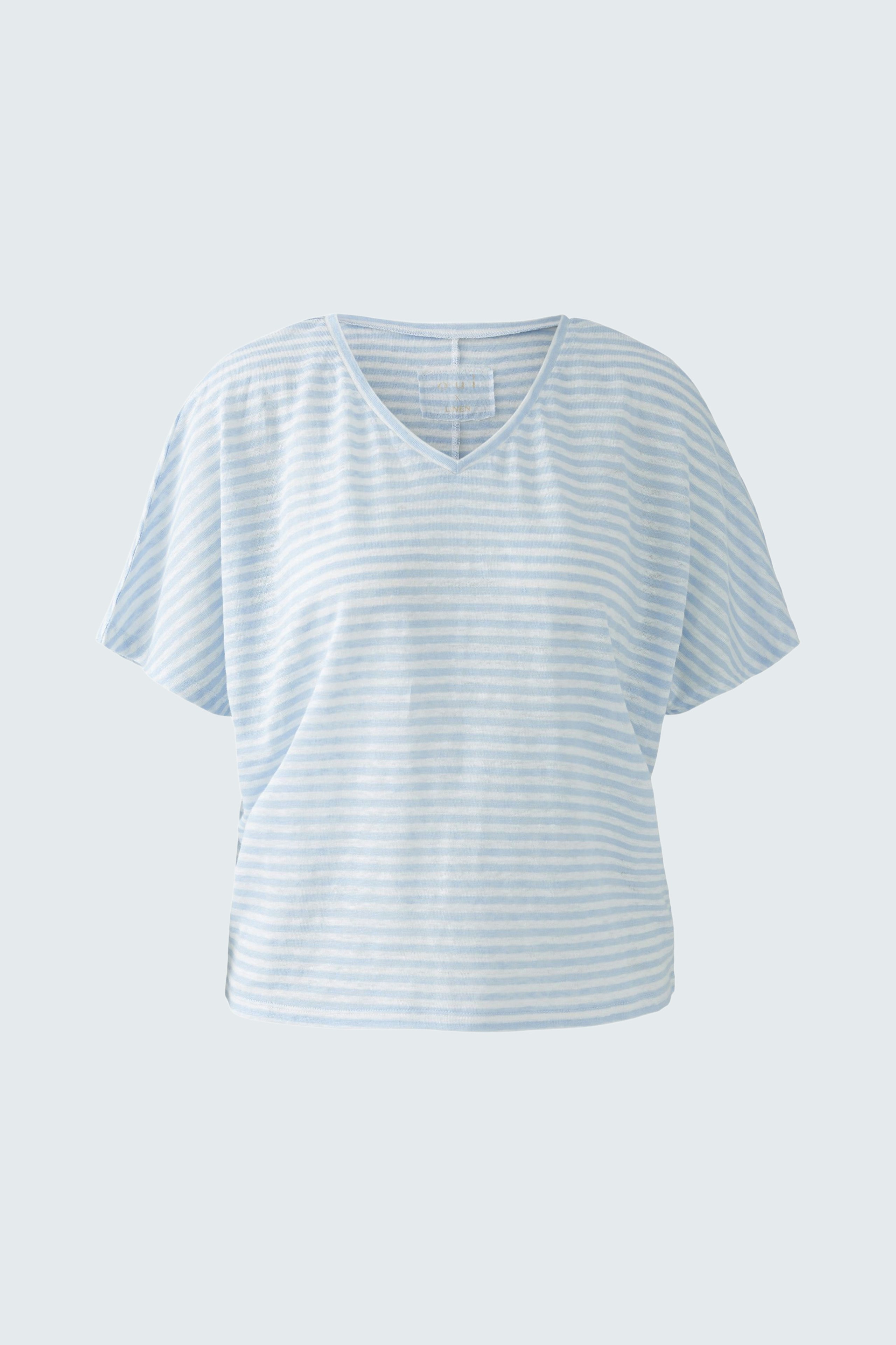 Casual women's T-shirt: Light blue striped top with a relaxed fit and V-neck design.