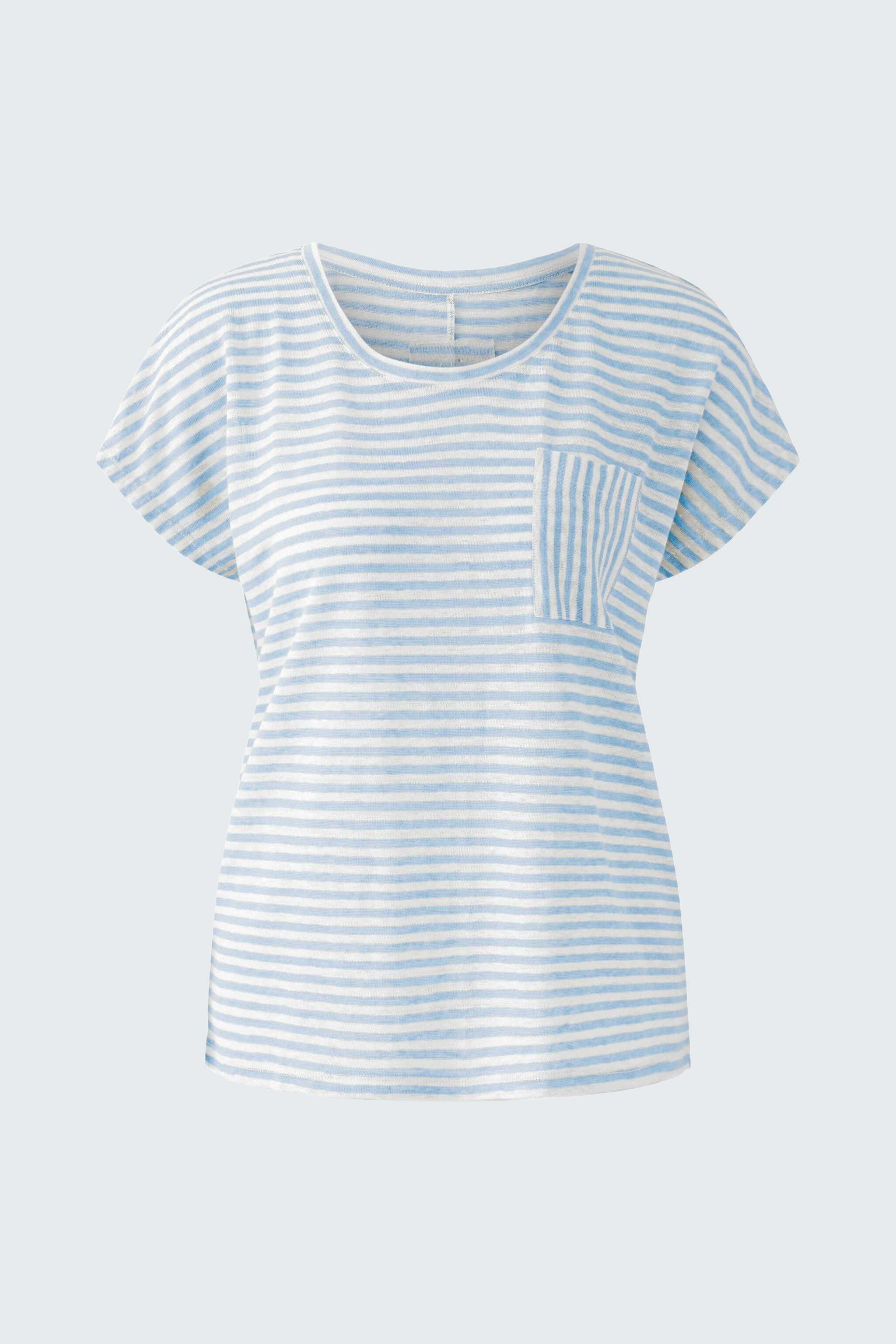 Casual women's T-shirt: Light blue striped top with a pocket, perfect for everyday wear.