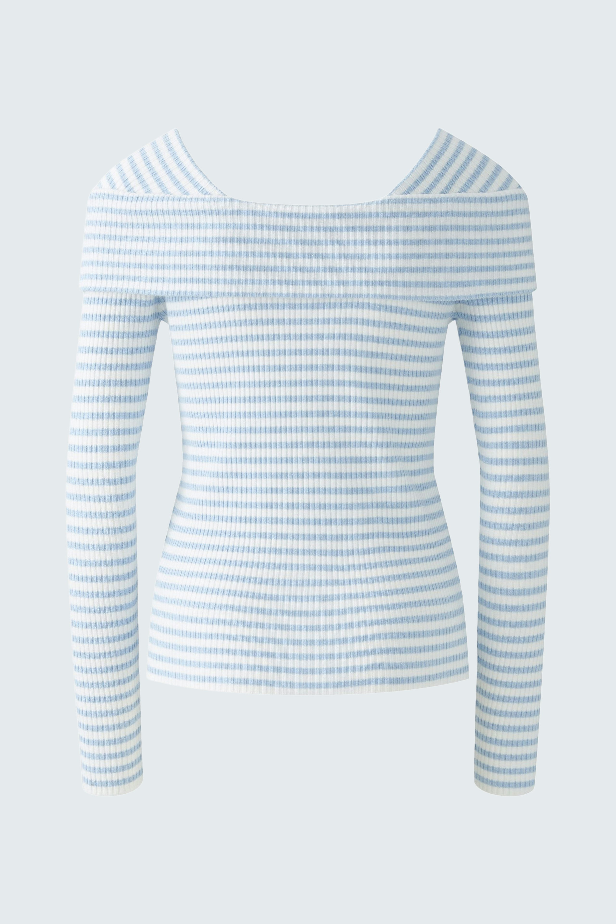Casual women's pullover: Light blue striped pullover with an off-shoulder design and long sleeves.