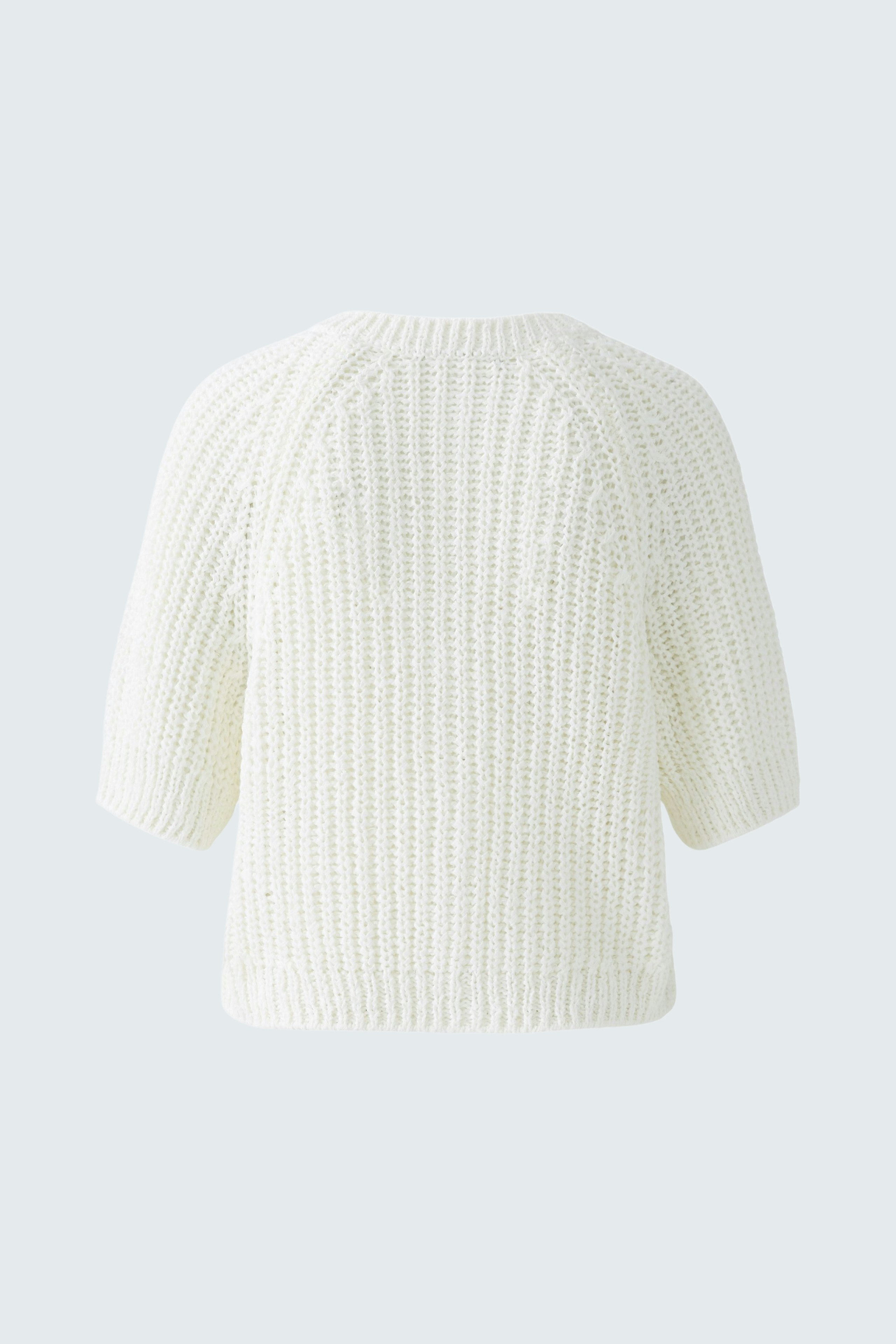 Casual women's cardigan: Back view of a cozy white knitted cardigan with short sleeves.