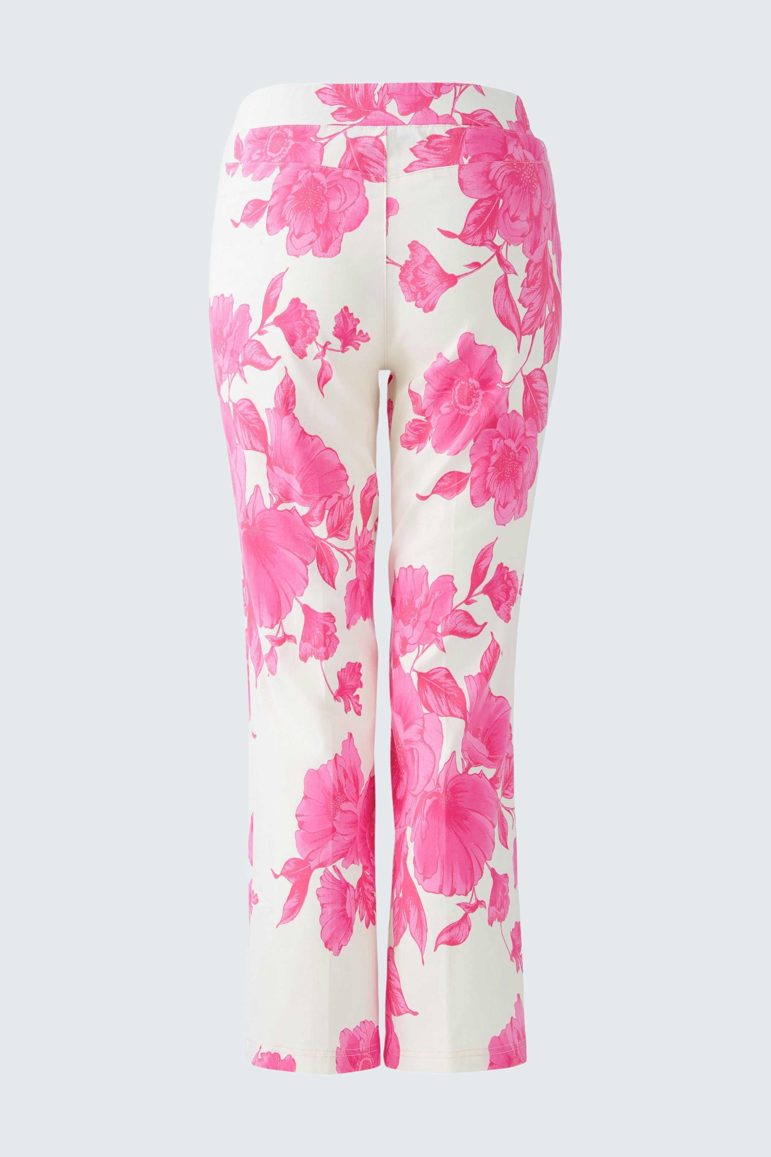 Hübsche Damen-Hose mit buntem Blumenmuster in Pink und Weiß, ideal für frühlingshafte Outfits.
