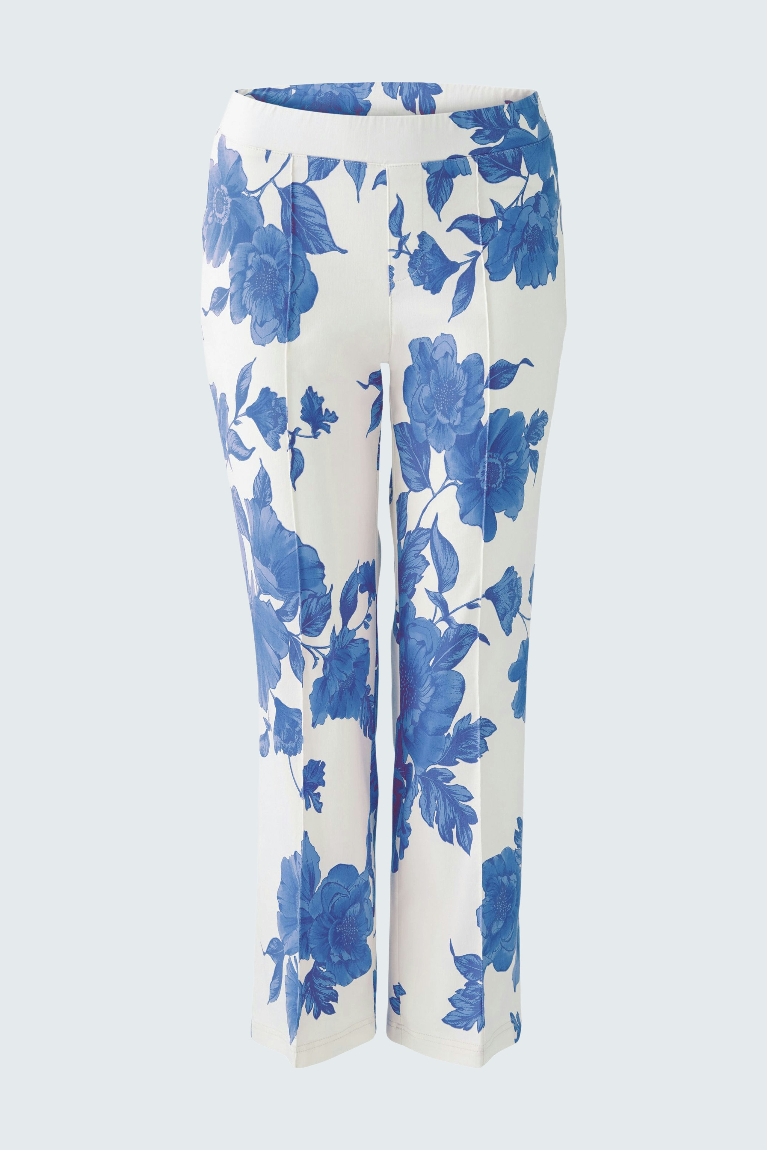 Bequeme Damen-Hose mit floralem Muster in Blau und Weiß, ideal für den Alltag.