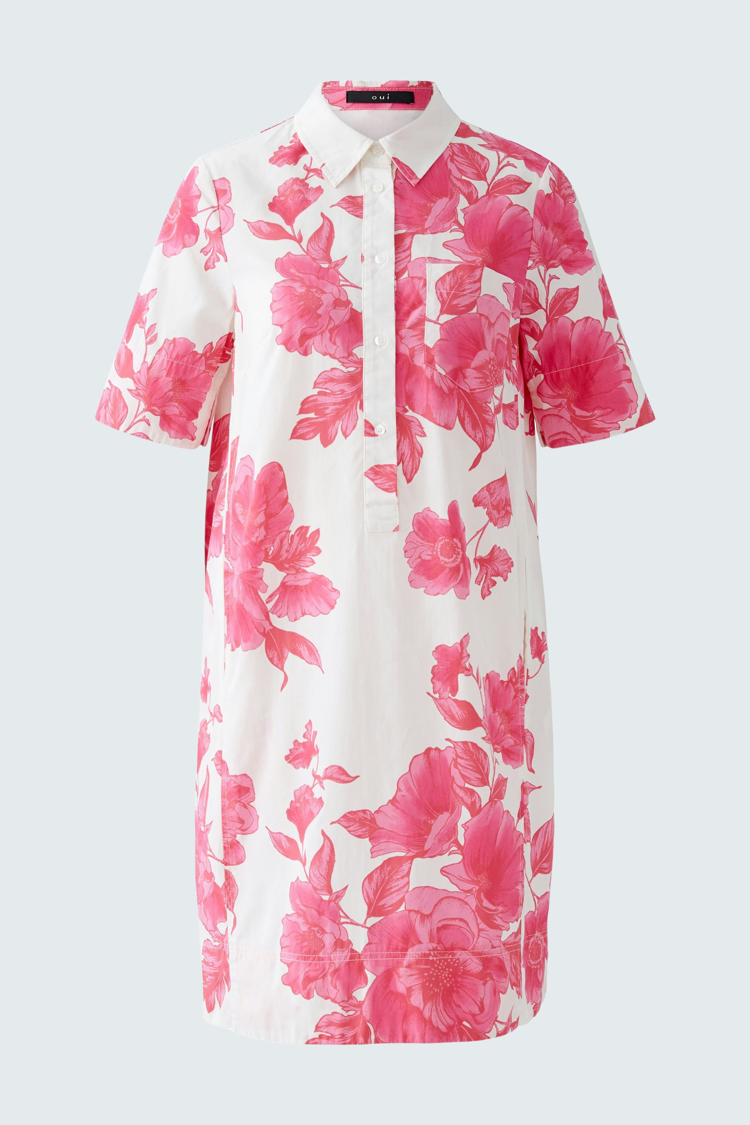 A-line dress: A short-sleeved dress with a floral pattern in pink and white, featuring a button-down collar.