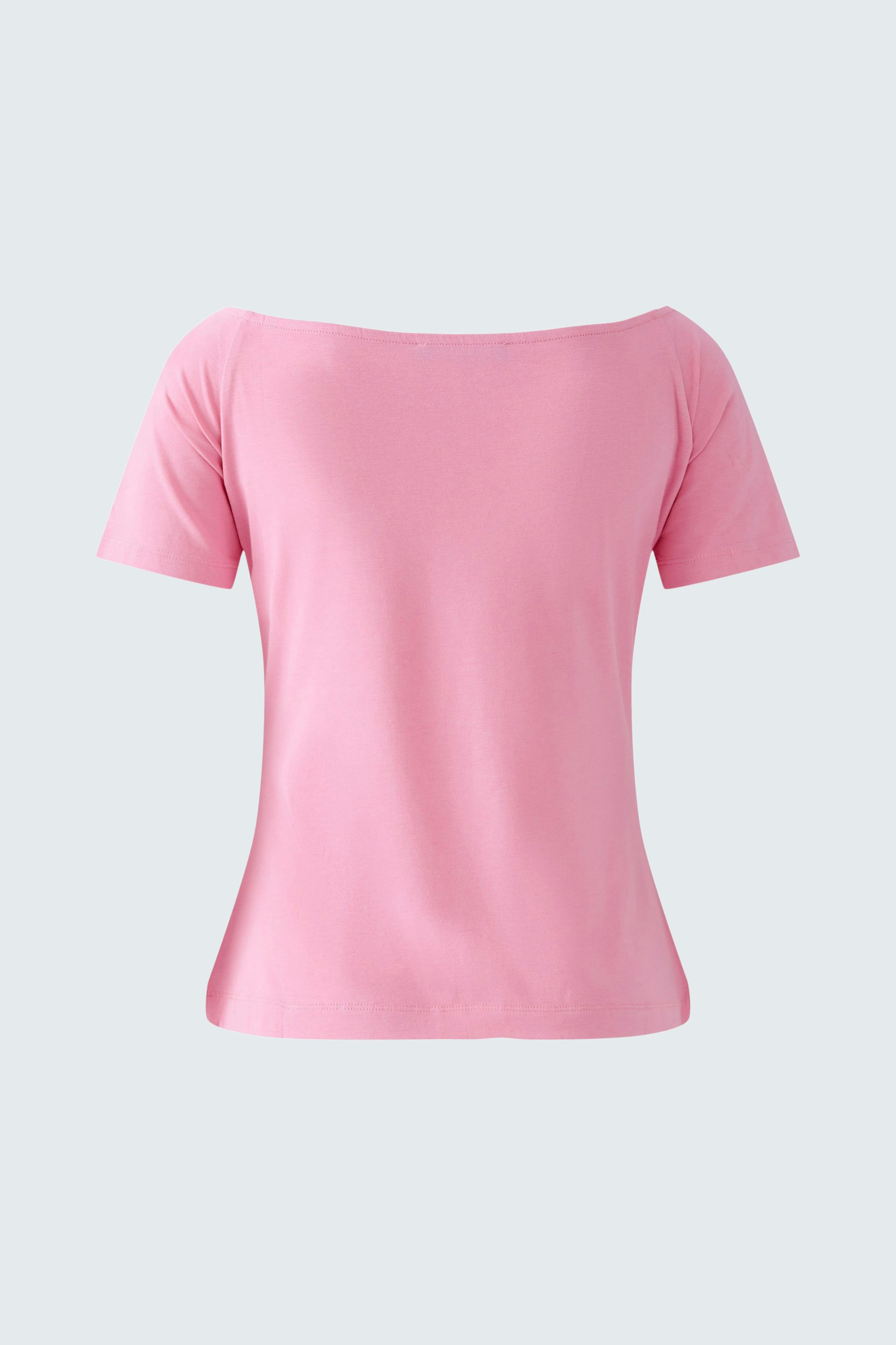 Elegantes Damen-T-Shirt in zartem Rosa mit weitem Ausschnitt und kurzen Ärmeln.