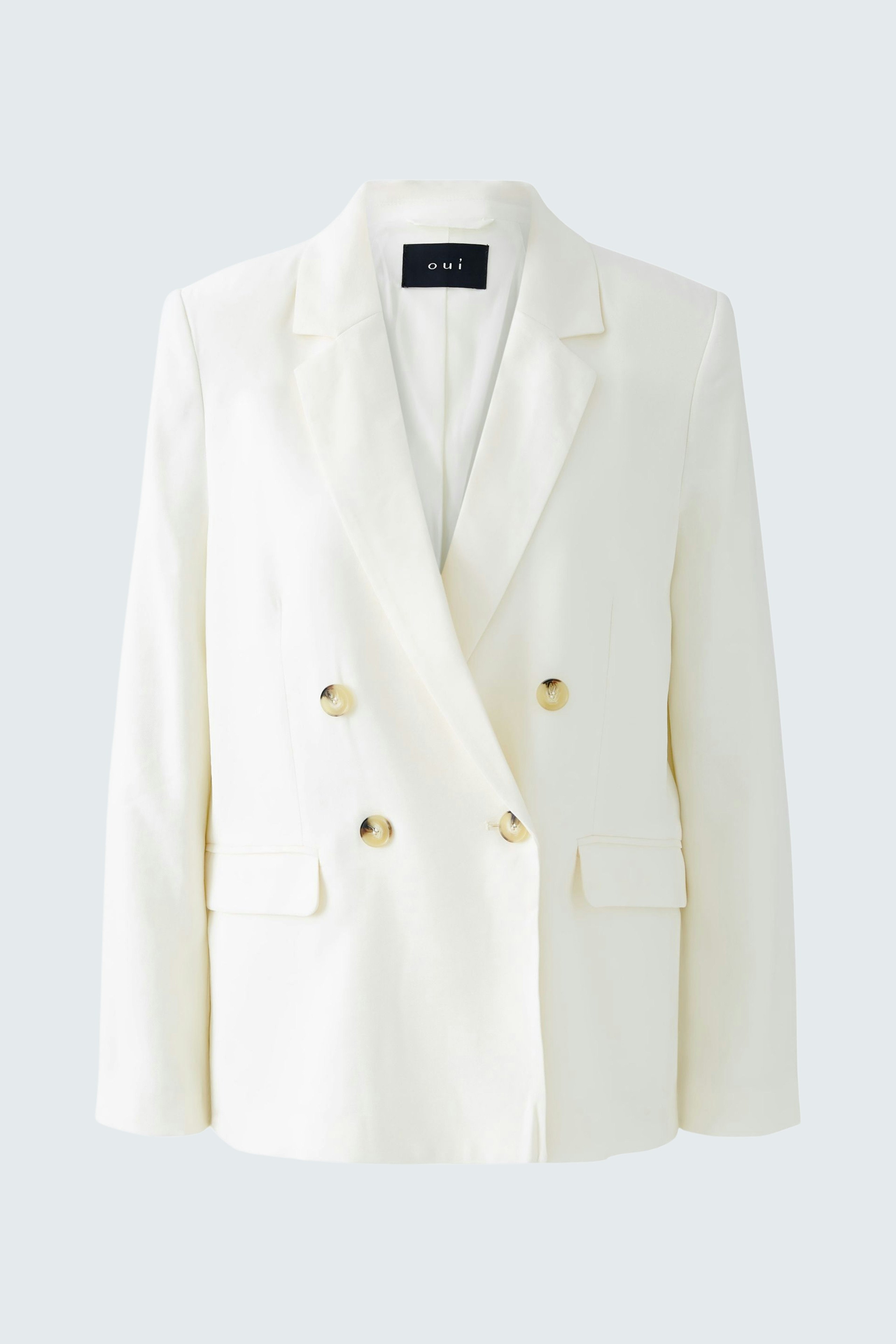 Elegant women's blazer in white with double-breasted design and gold buttons.
