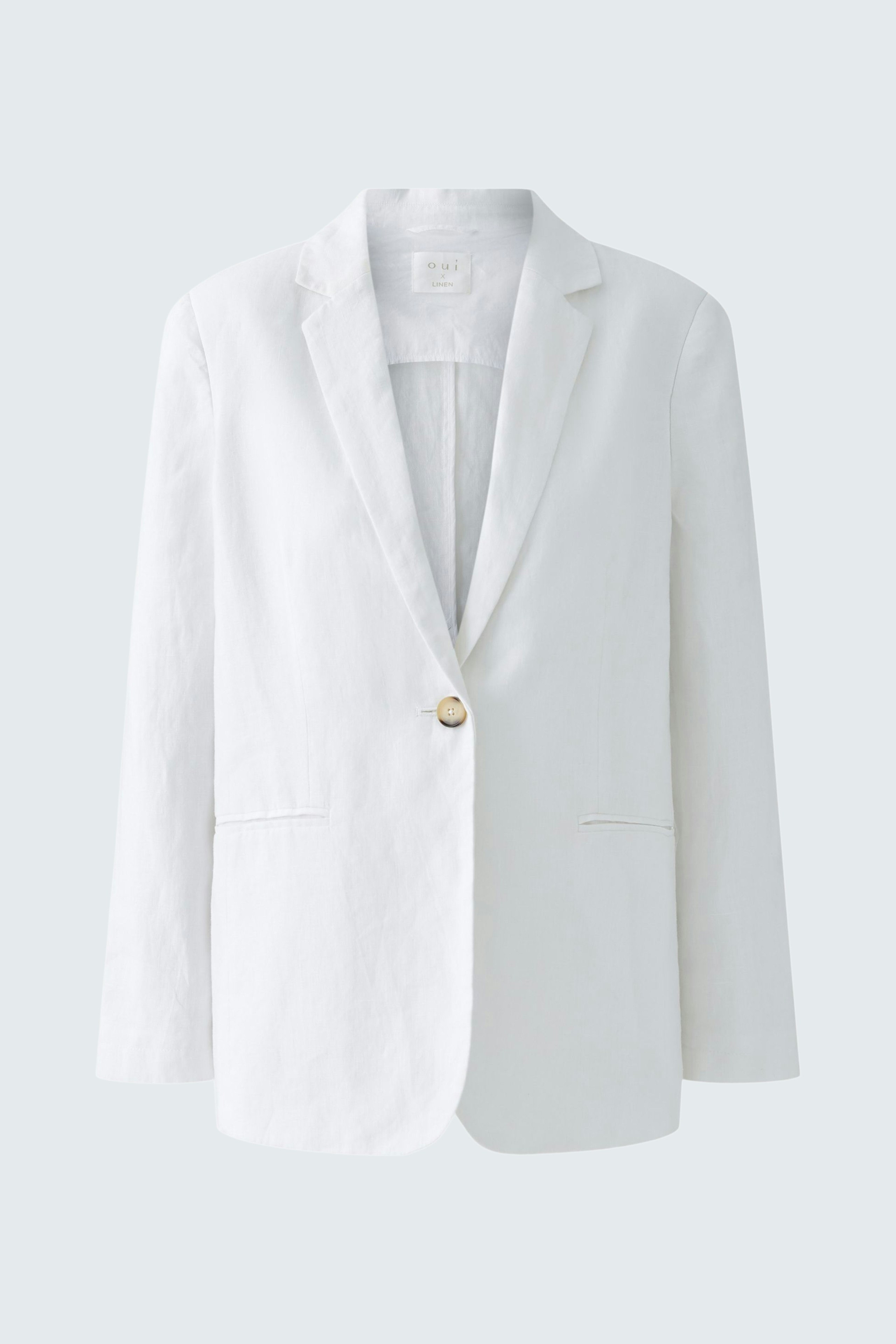 Eleganter Damen-Blazer in Weiß mit klassischem Schnitt und einem Knopf, ideal für schicke Anlässe.