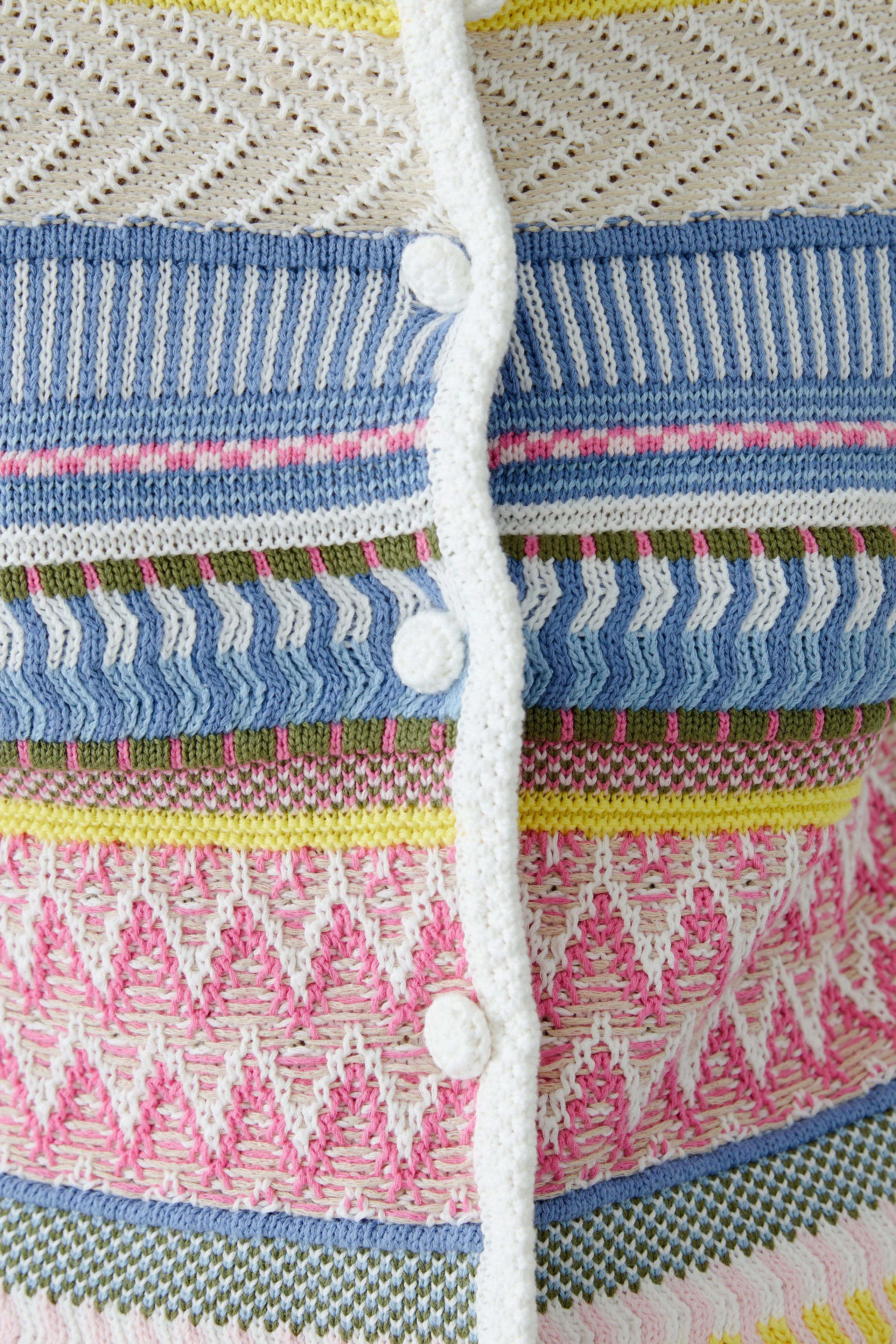 Colorful women's cardigan with button closure, featuring a mix of patterns and textures.
