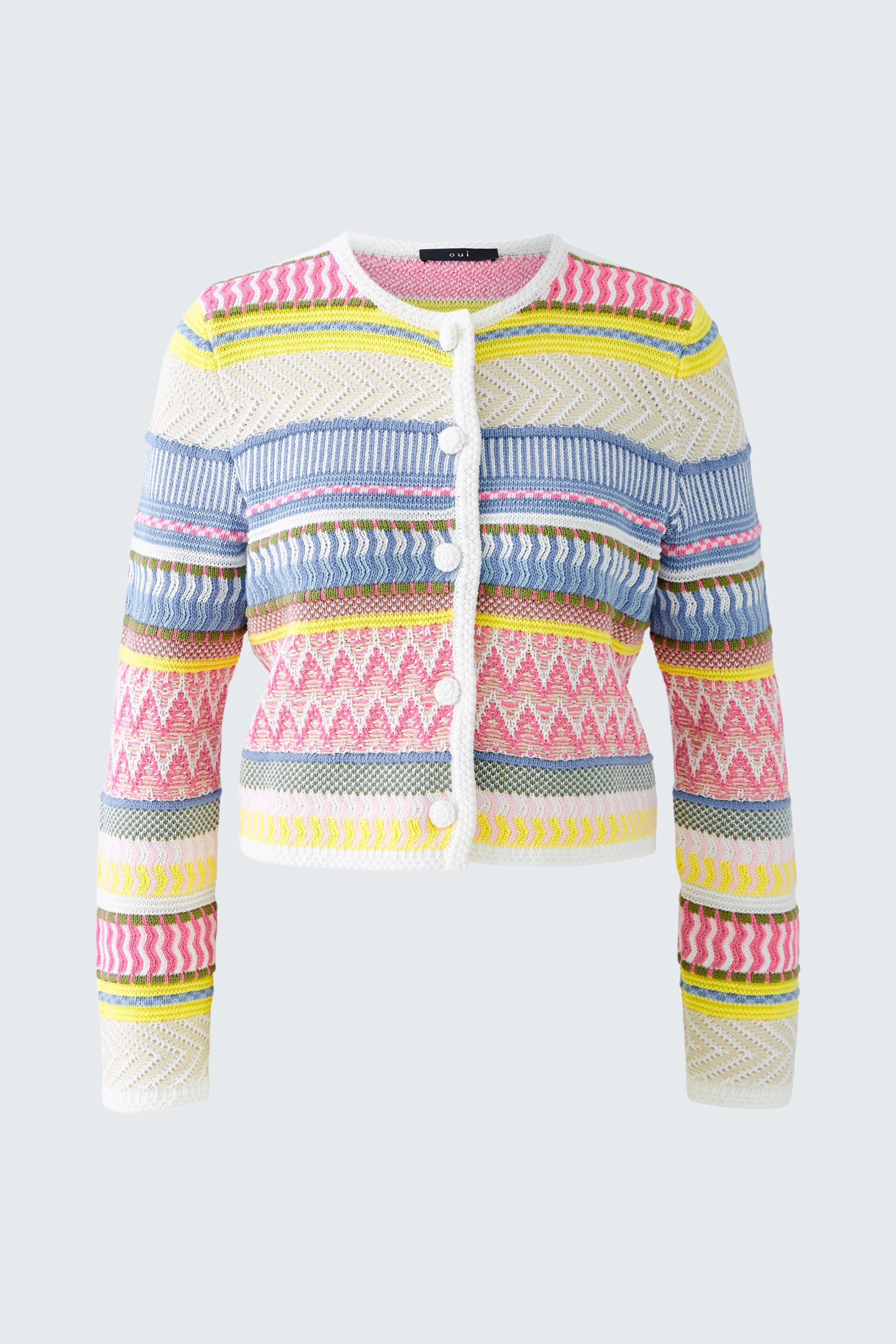 Colorful women's cardigan with a cropped fit and playful patterns, perfect for layering.