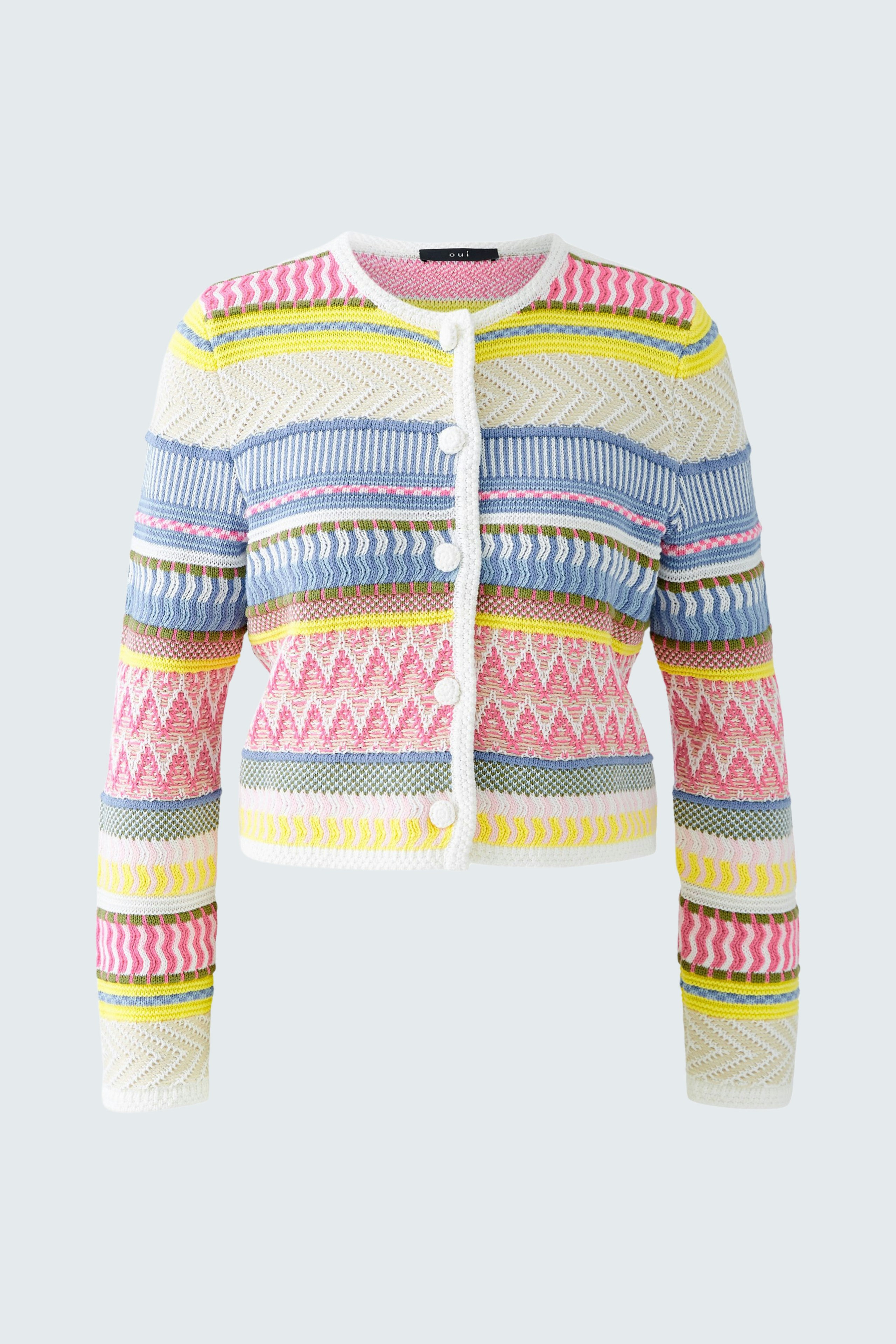 Bunte Damen-Strickjacke mit fröhlichem Muster und Knöpfen, ideal für lässige Outfits.