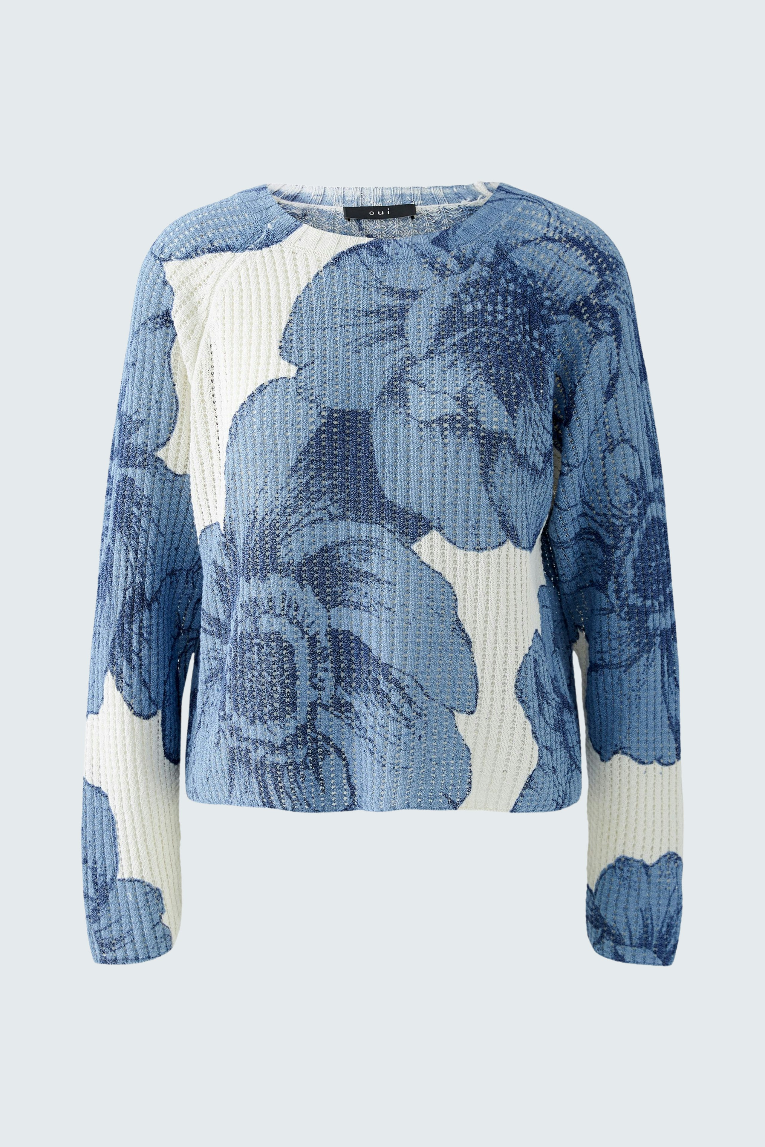 Damen-Pullover mit floralem Muster in Blau und Weiß, lässiger Schnitt und weichem Material.