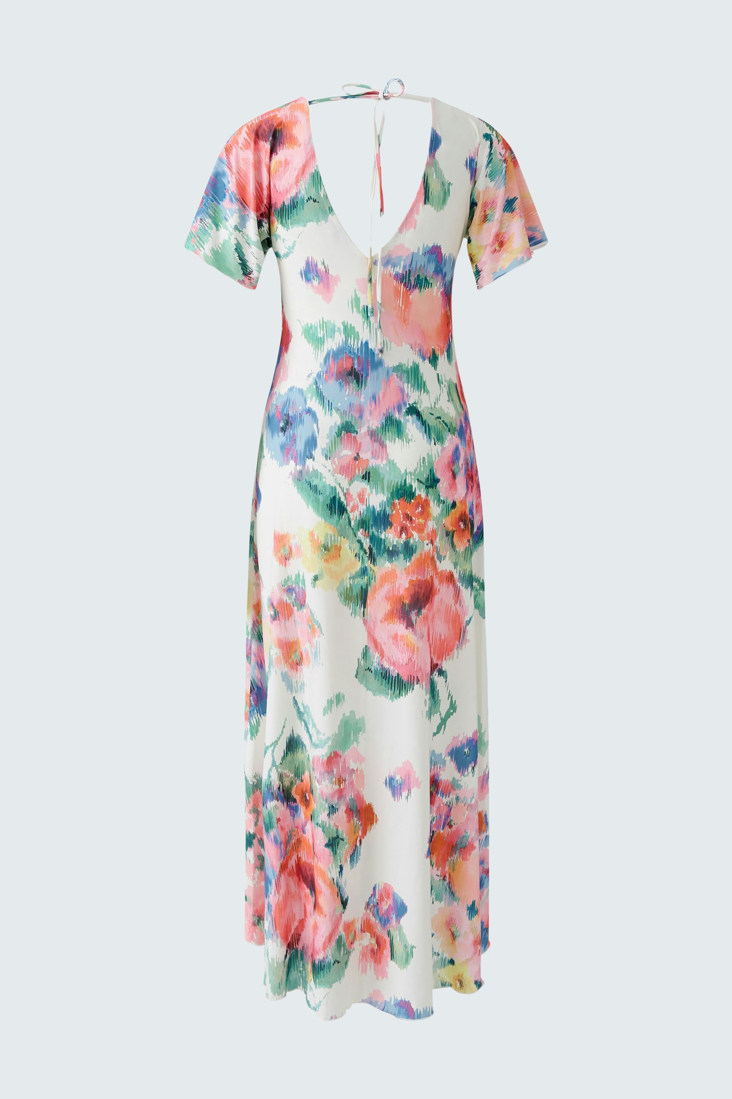 Elegantes Damen-Kleid mit buntem Blumenmuster und V-Ausschnitt, ideal für sommerliche Anlässe.