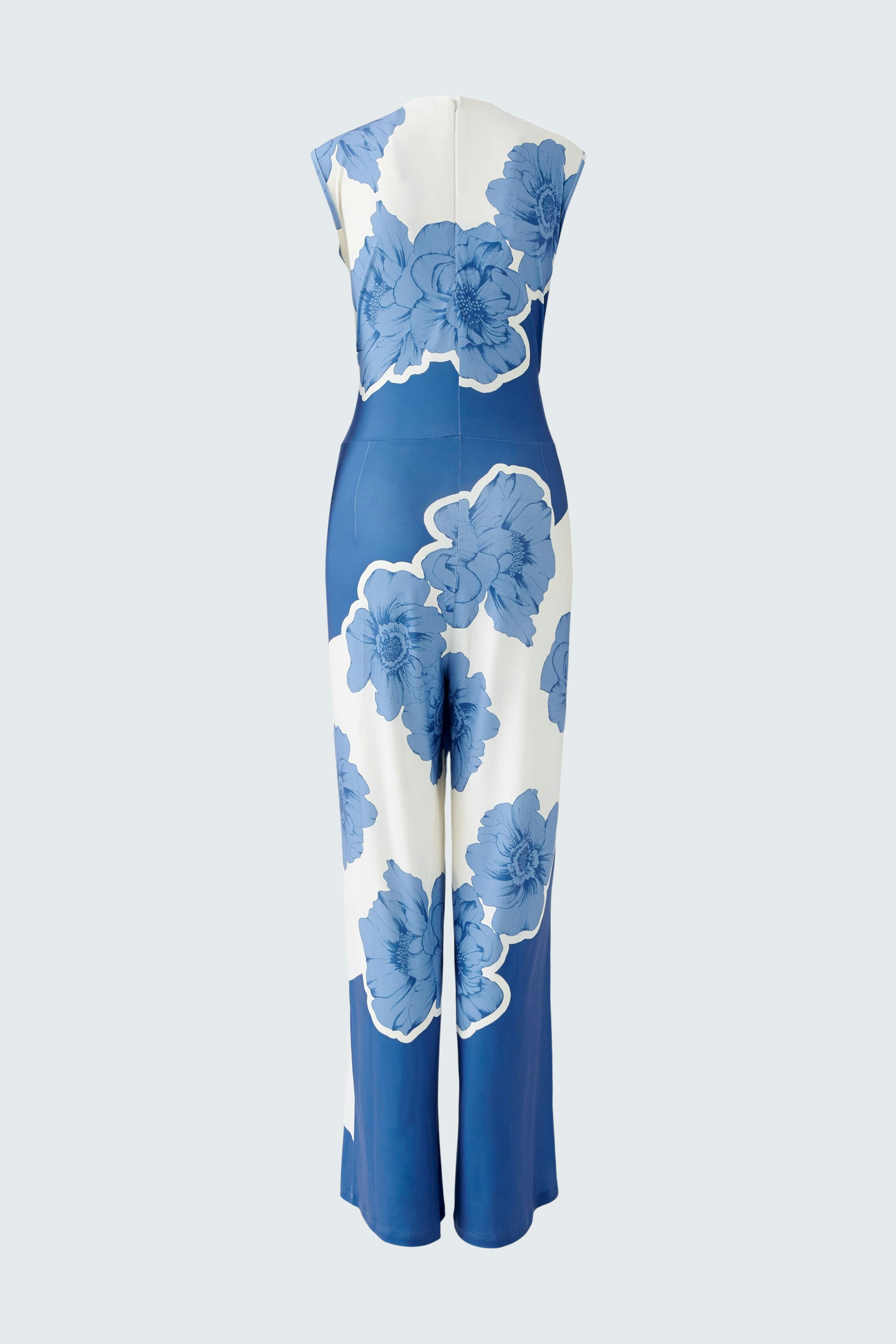 Elegant women's jumpsuit in blue and white floral design, perfect for stylish occasions.