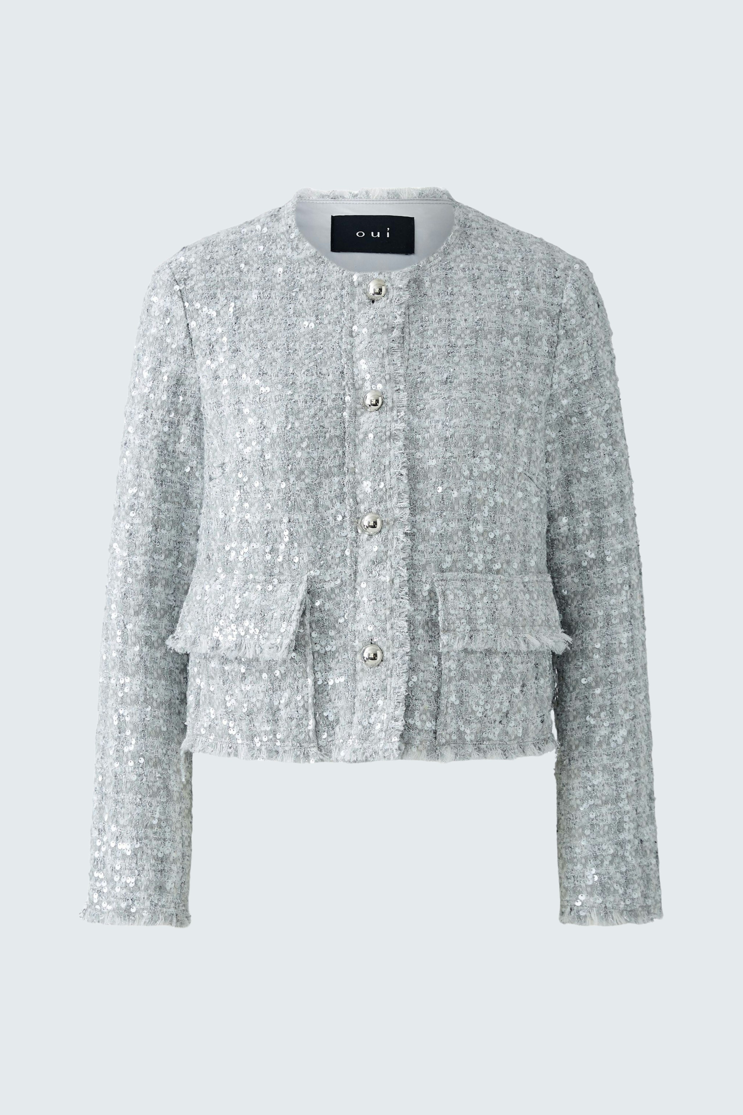 Moderne Damen-Jacke: Graue, strukturierte Jacke mit Knöpfen und lässigem Schnitt.