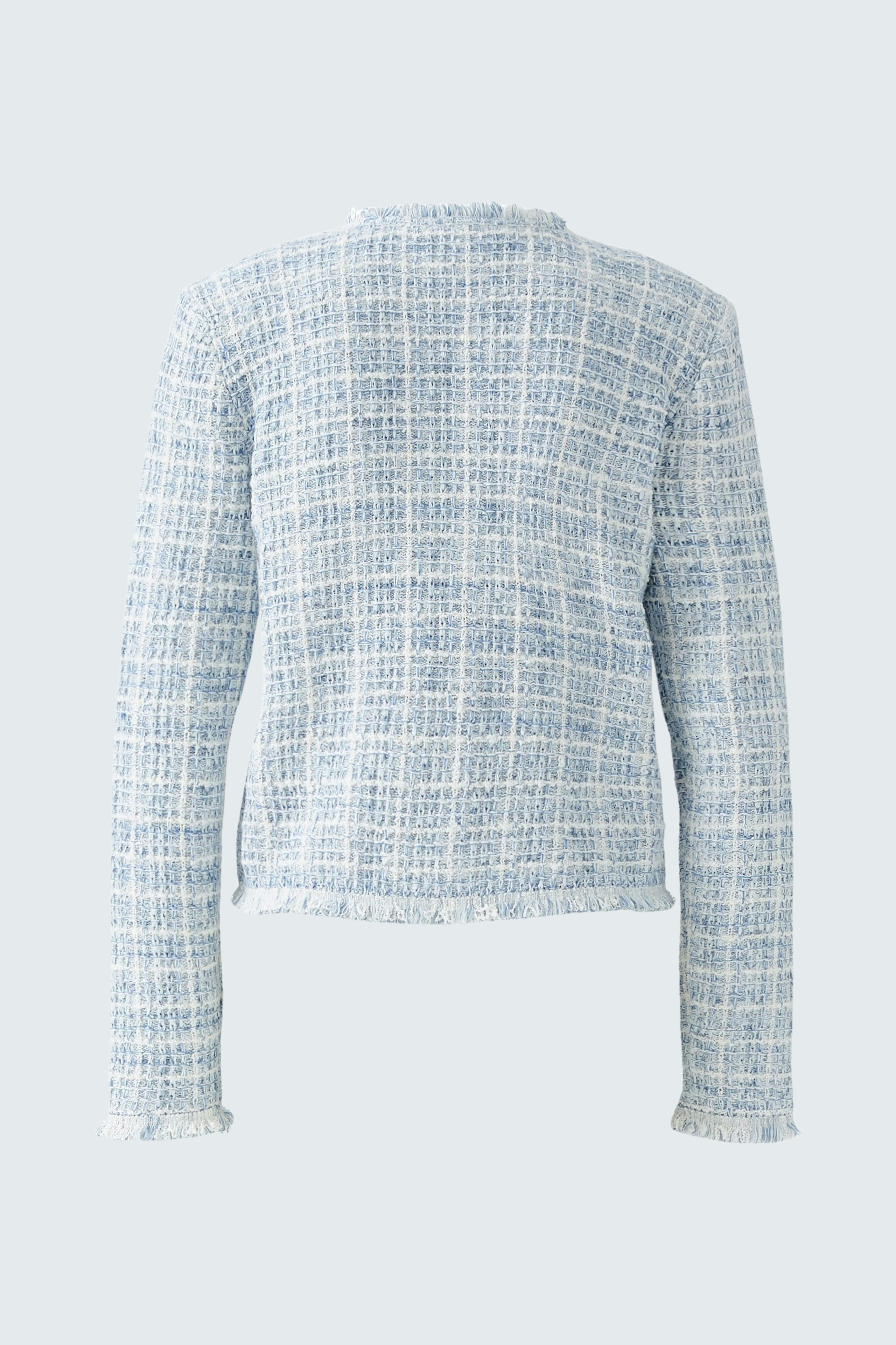 Casual women's cardigan in light blue with a textured pattern, featuring long sleeves and a cropped fit.