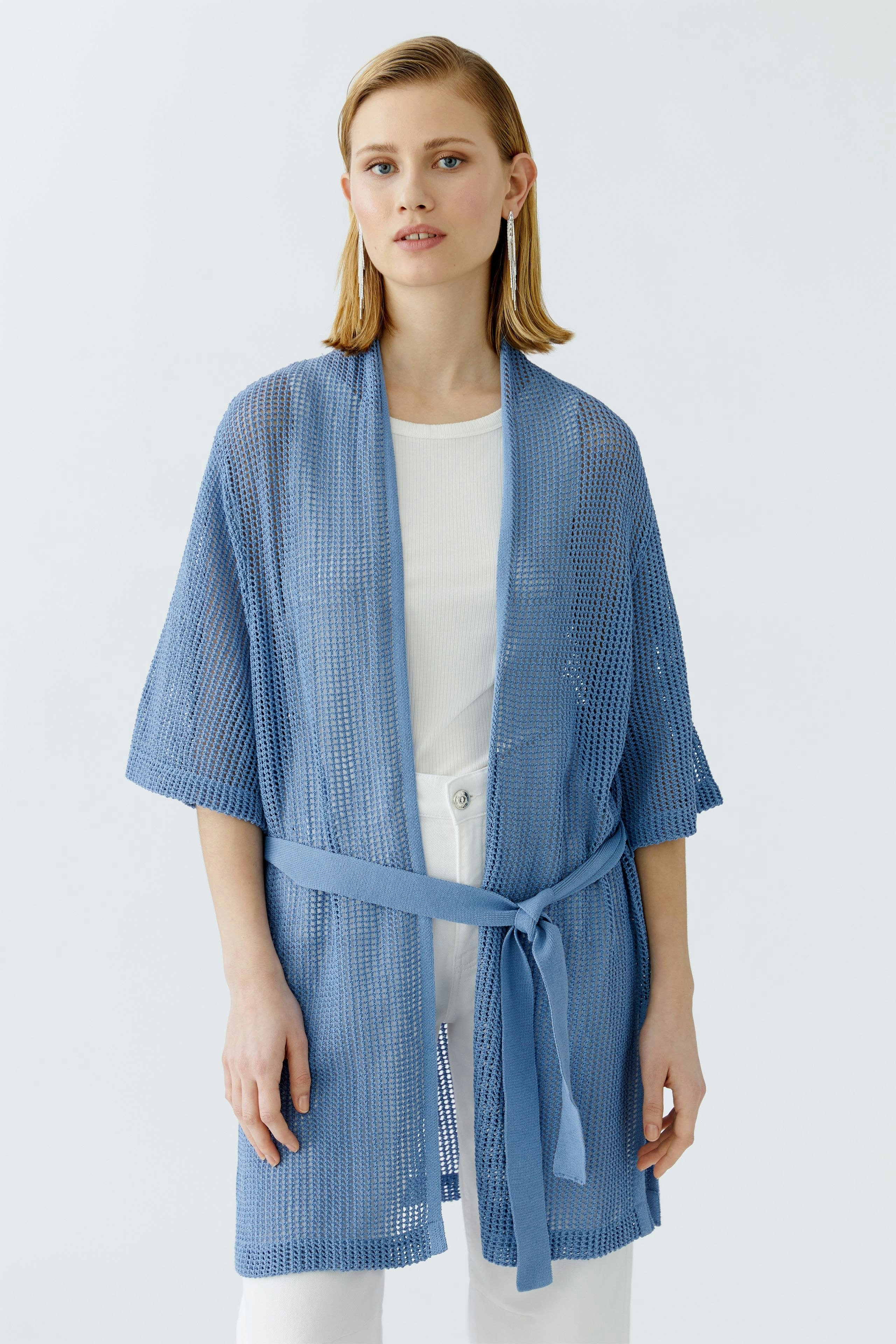 Lightweight women's cardigan in blue, featuring a tie belt and open knit design.