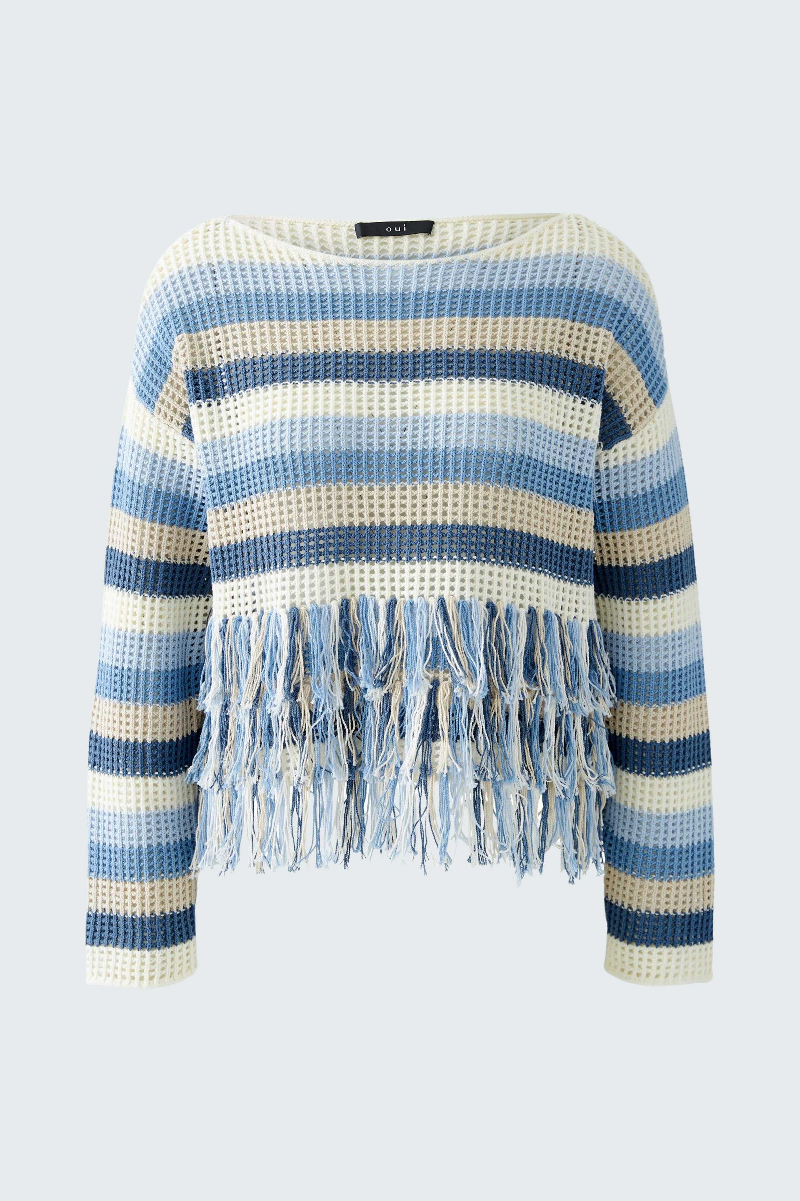 Casual women's pullover: Blue striped pullover with fringe detailing, perfect for relaxed outfits.
