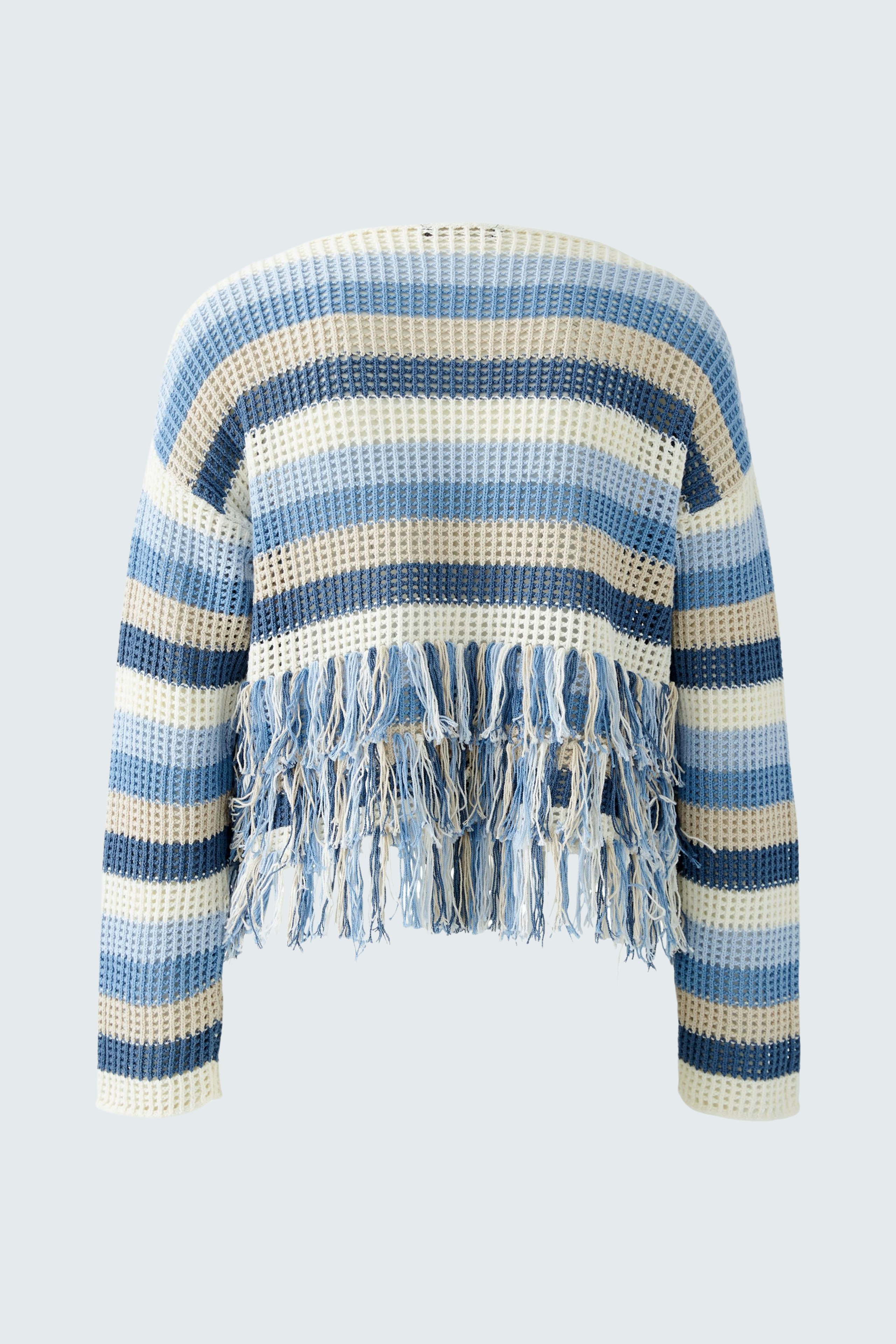 Casual women's pullover: Blue striped pullover with fringe detailing, perfect for relaxed outfits.