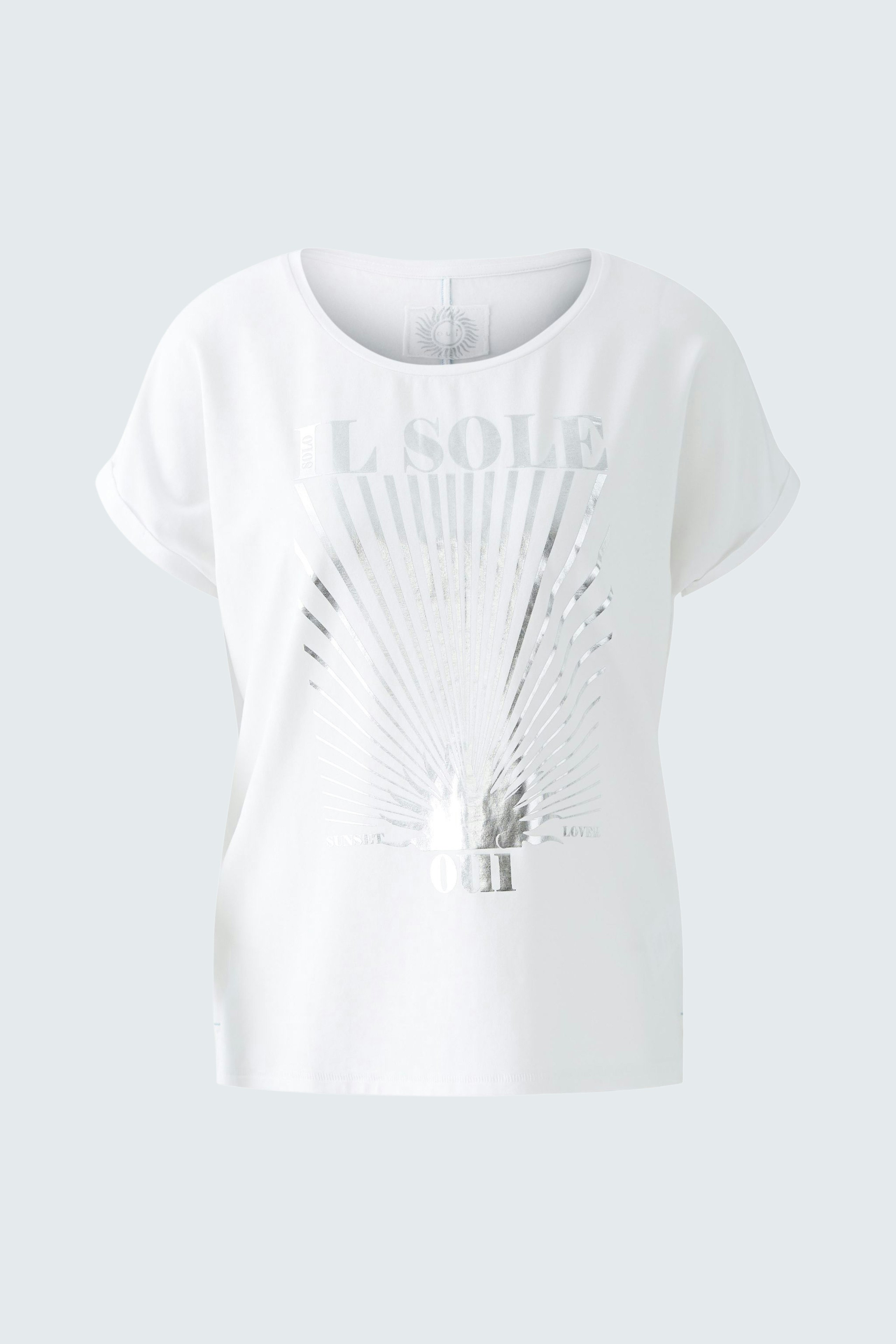 Weißes Damen-T-Shirt mit glänzendem Print und lässigem Schnitt, ideal für den Alltag.