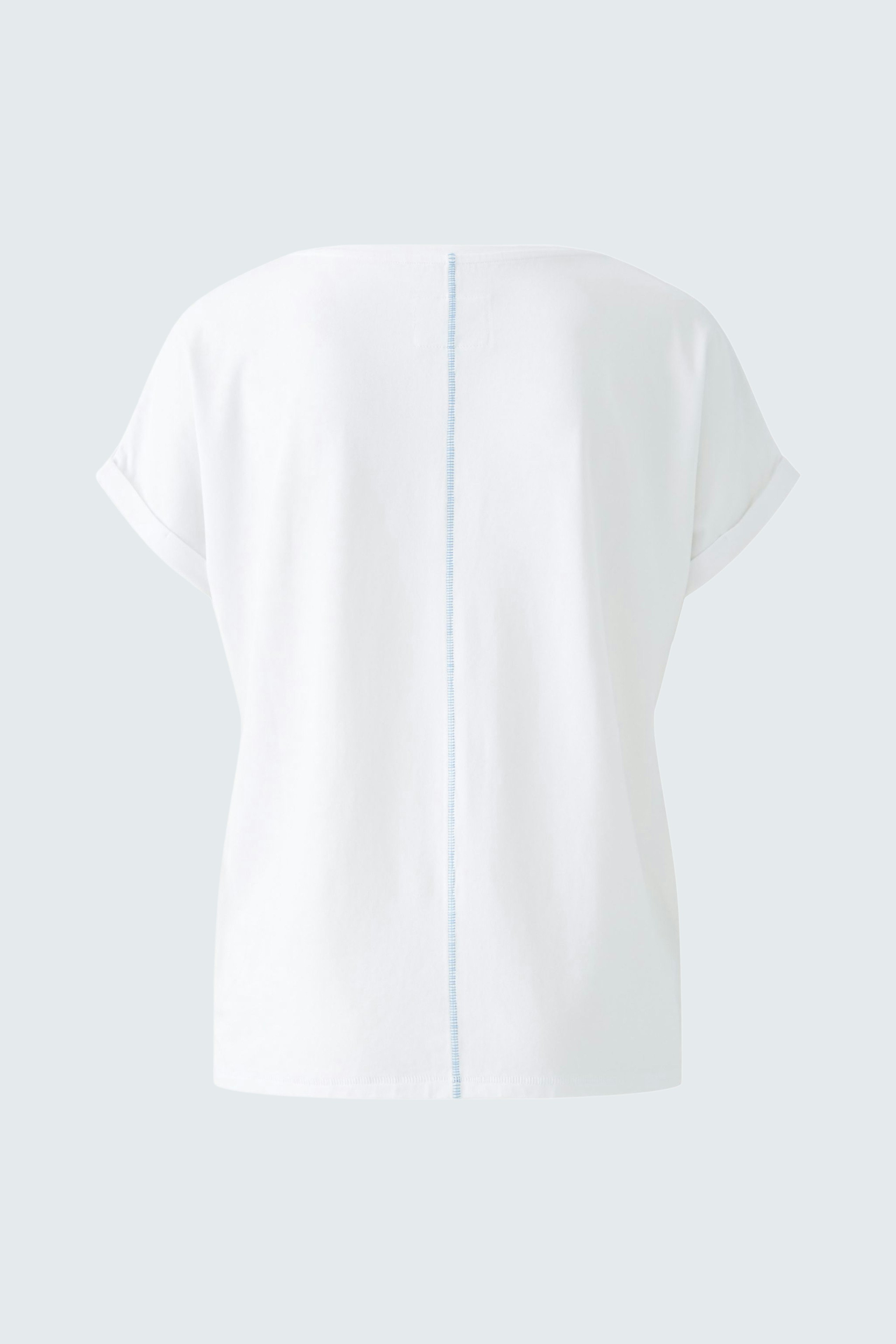 Bequemes Damen-T-Shirt in Weiß mit lässigem Schnitt und blauer Naht auf der Rückseite.
