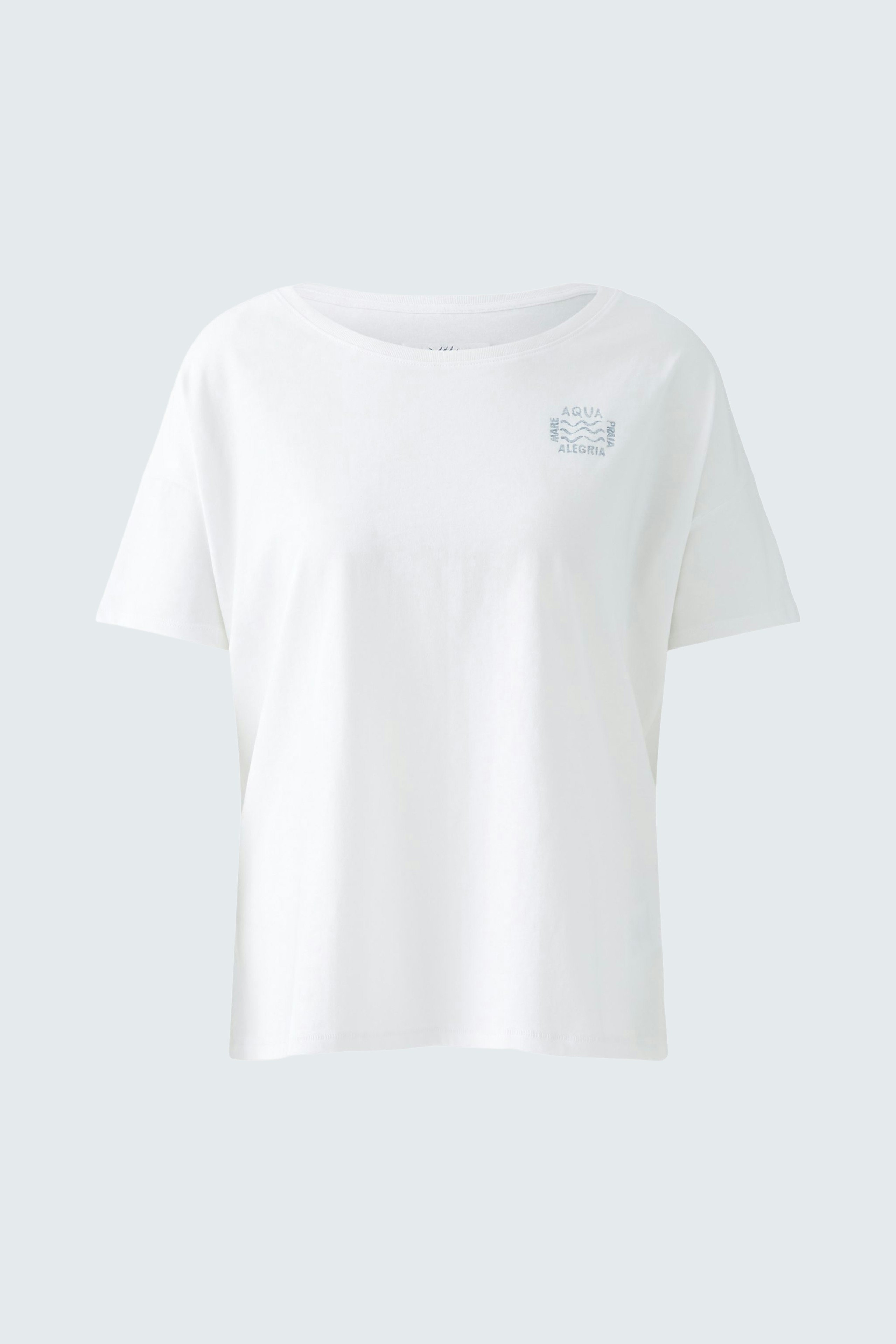 Bequemes Damen-T-Shirt: Weiße Kurzarmbluse mit lässigem Schnitt und dezentem Logo.