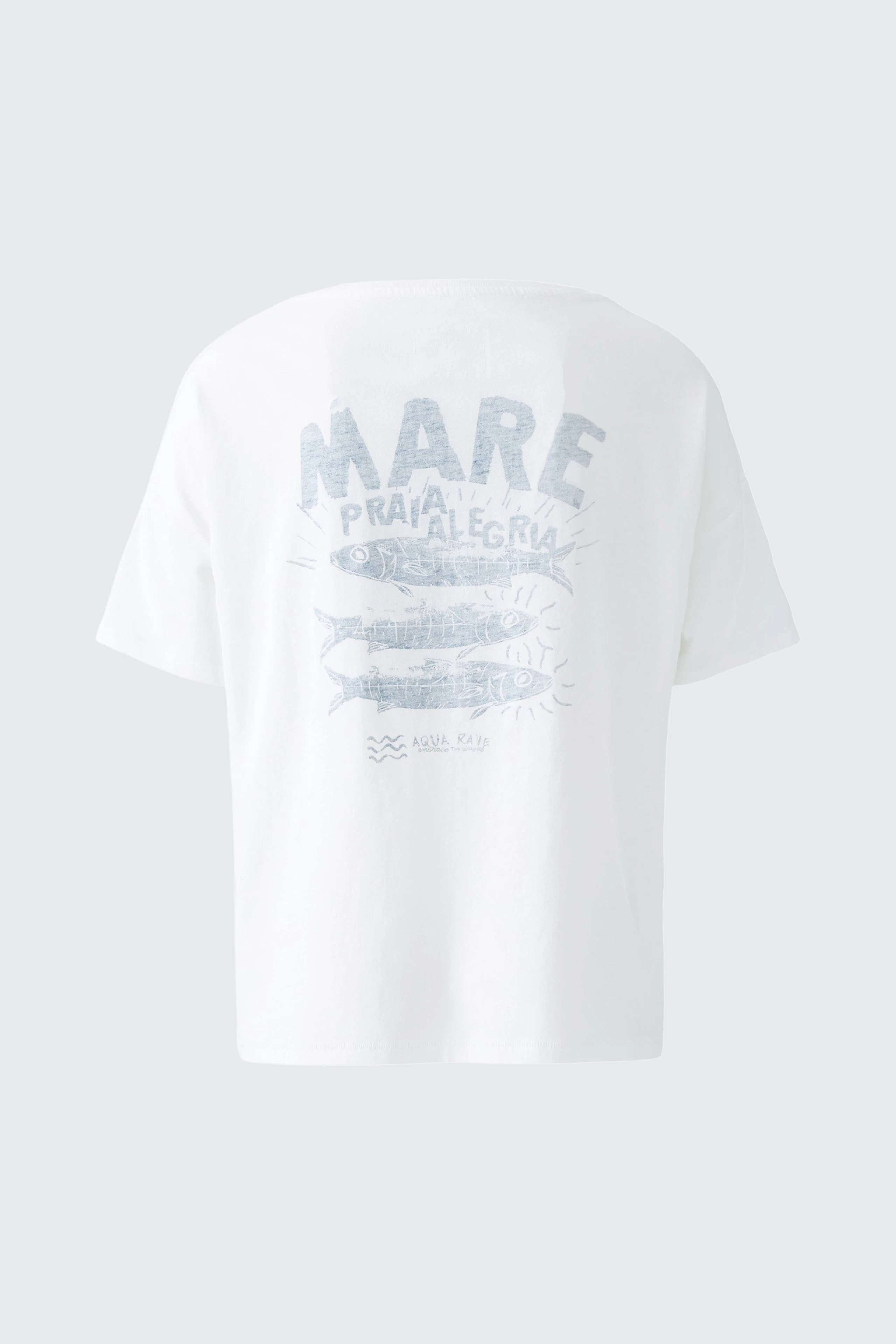 Weißes Damen-T-Shirt mit grafischem Druck auf der Rückseite, lässiger Schnitt und bequemer Passform.