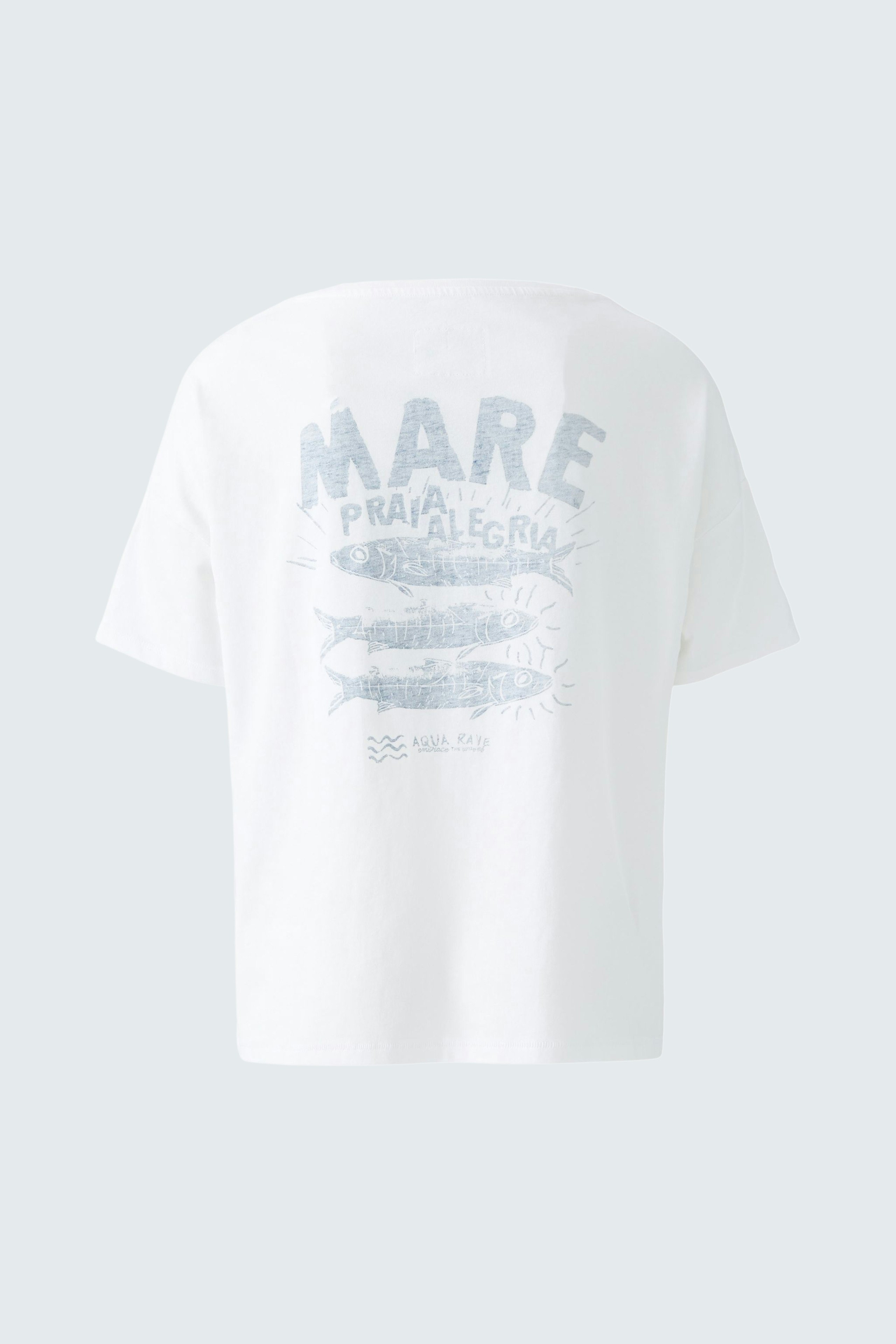 Weißes Damen-T-Shirt mit grafischem Druck auf der Rückseite, lässiger Schnitt und bequemer Passform.