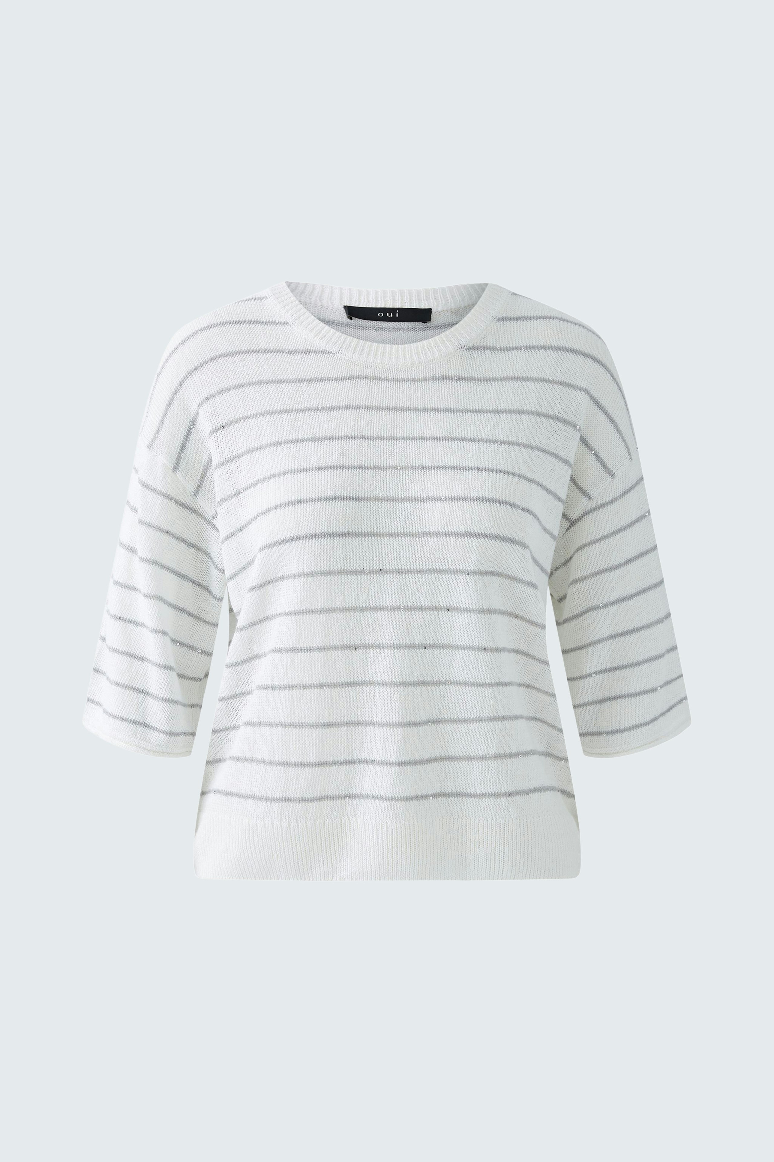 Bequemer Damen-Pullover in Weiß mit grauen Streifen, lässig geschnitten und ideal für den Alltag.