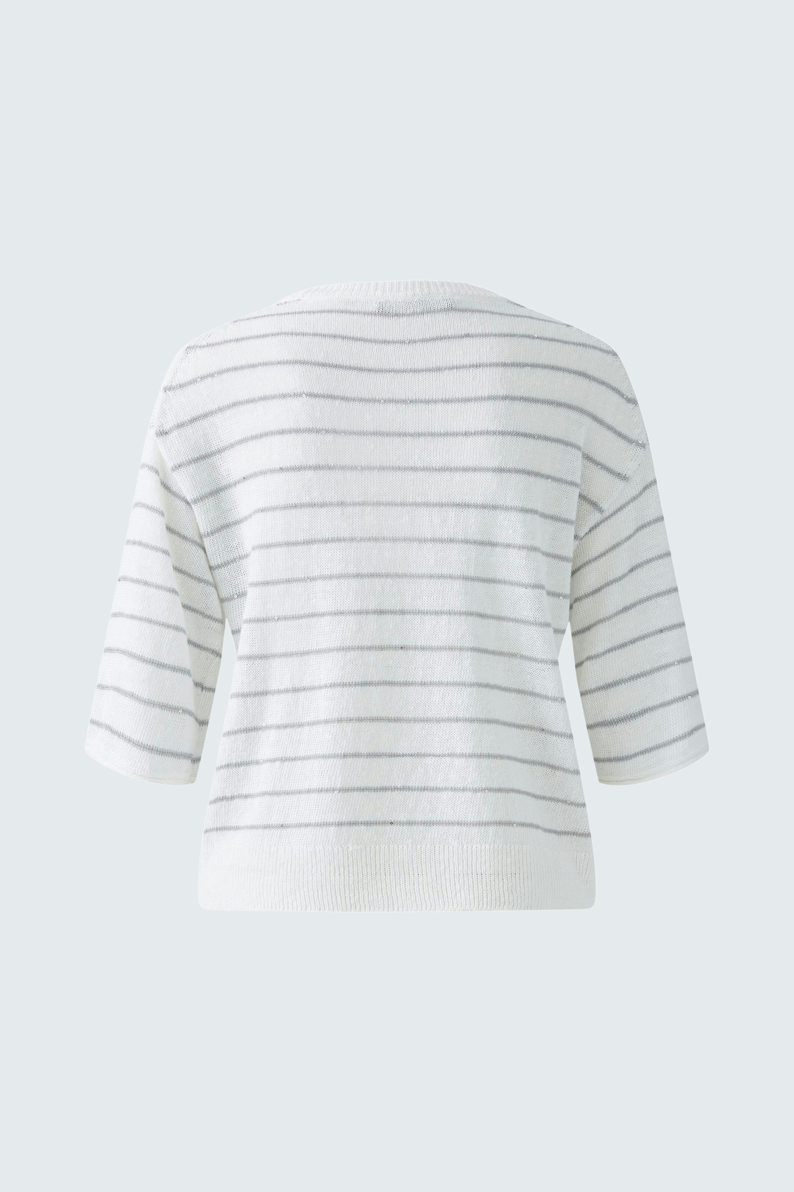 Bequemer Damen-Pullover: Weißer Pullover mit grauen Streifen und lässigem Schnitt, ideal für den Alltag.