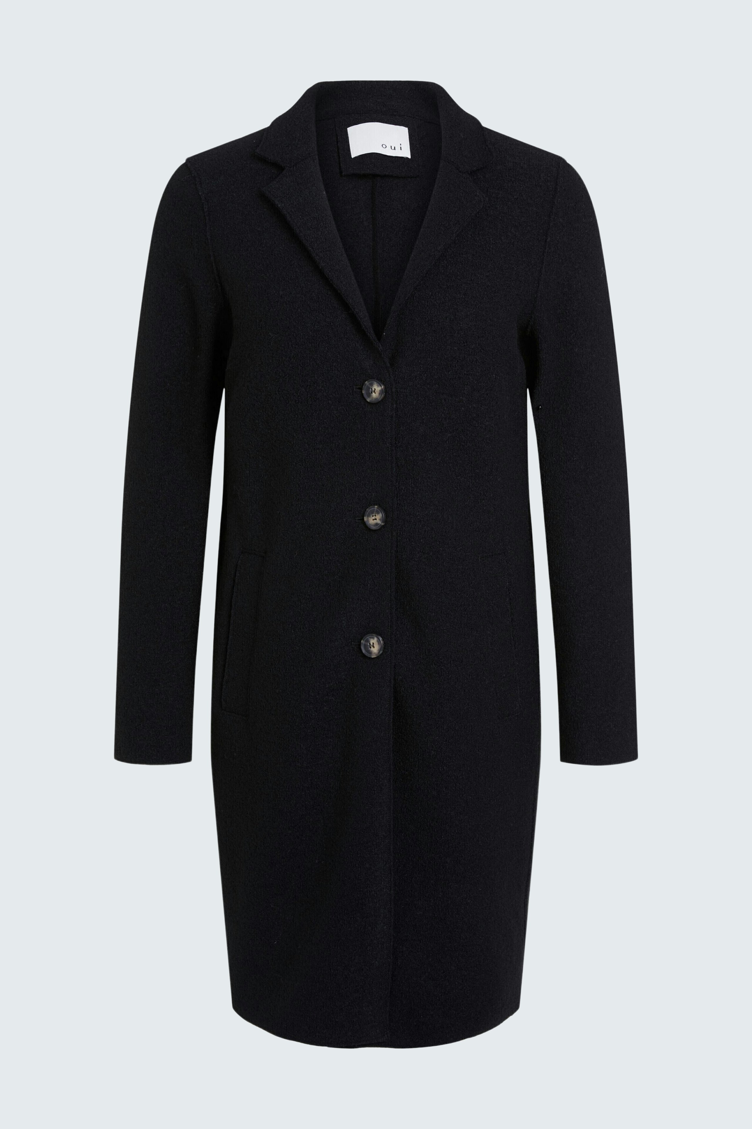 Schwarzer Wollmantel: Langer Damenmantel mit Knöpfen und Taschen, ideal für kühle Tage.