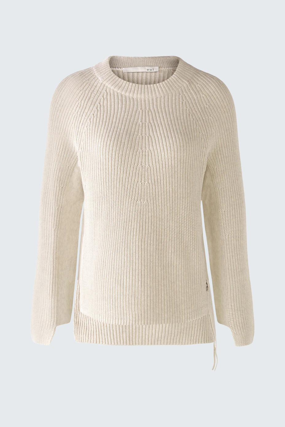 Casual women's pullover: Light beige ribbed pullover with a relaxed fit and side tie detail.