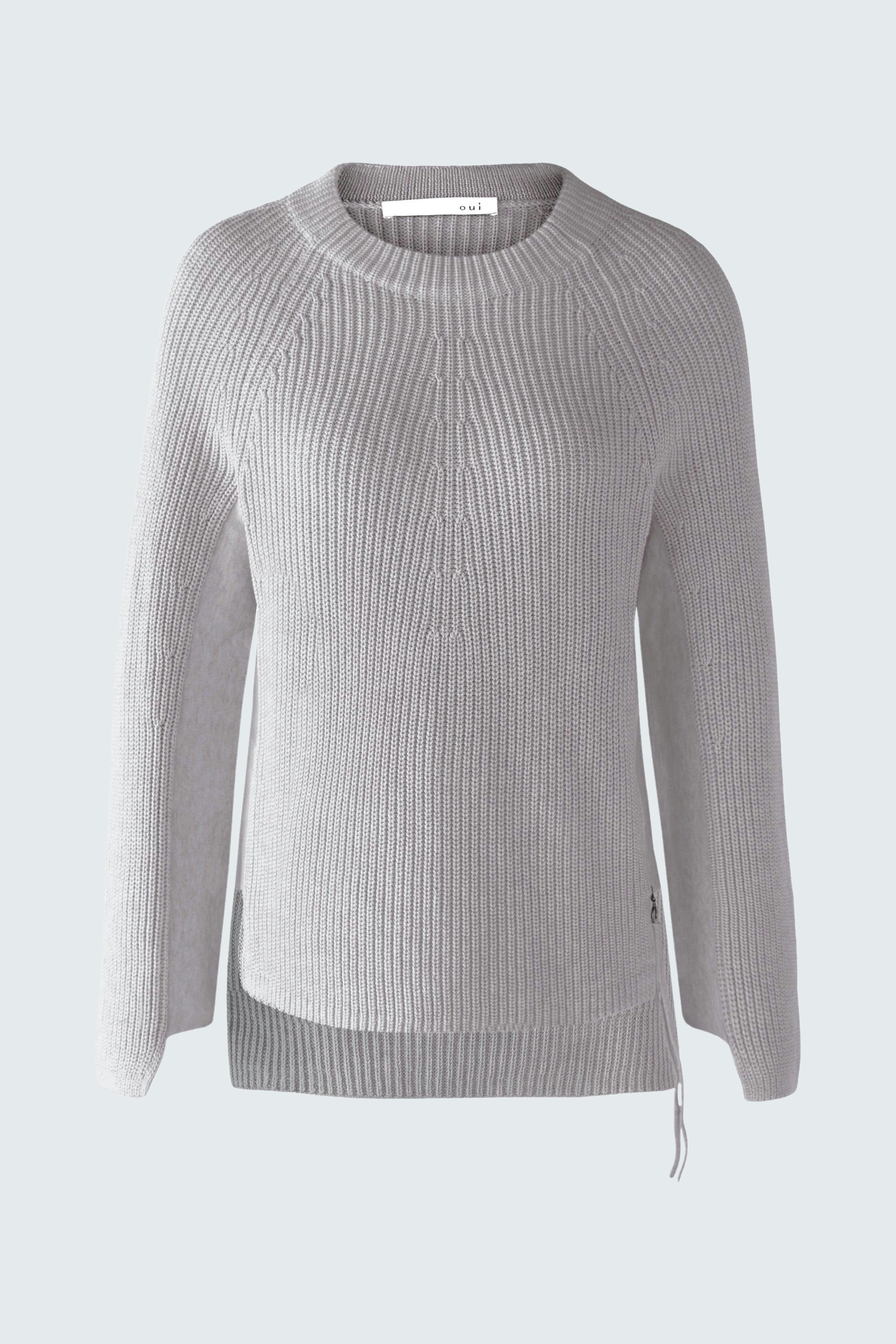 Casual women's pullover: Light gray ribbed pullover with a relaxed fit and side ties.
